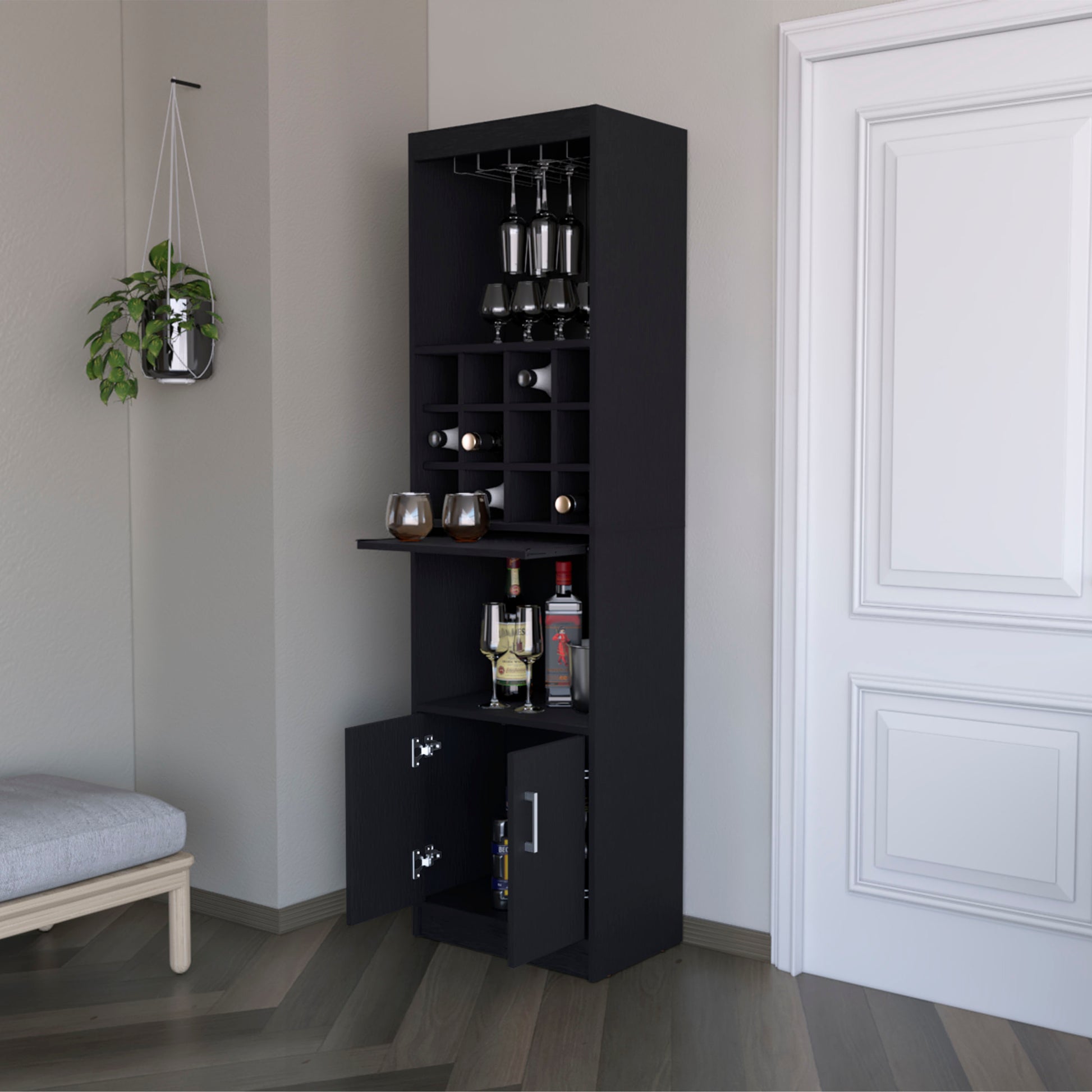 Lowa Bar Cabinet Multistorage With Wine Storage Vertical 5 Or More Spaces Black Open Storage Space Contemporary,Modern Pine Particle Board Engineered Wood