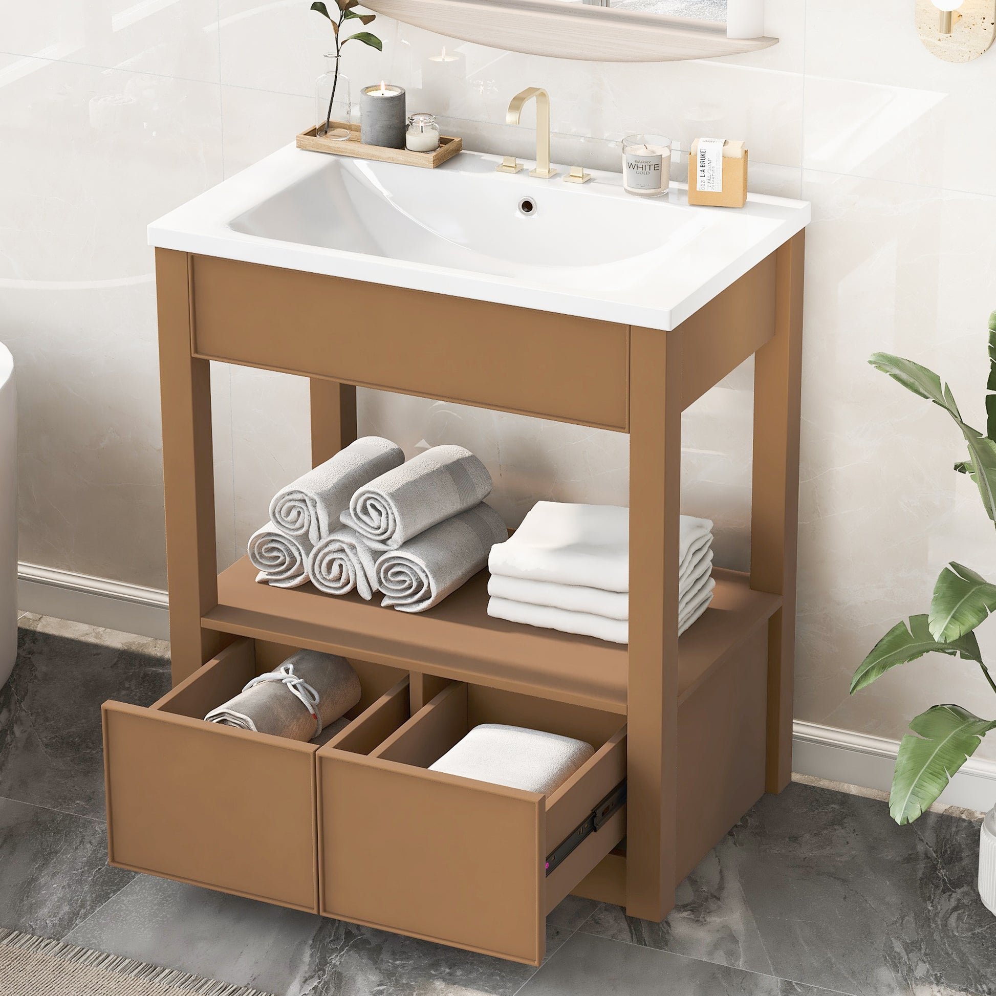 30" Bathroom Vanity With Sink Top, Bathroom Cabinet With Open Storage Shelf And Two Drawers, Brown Brown Solid Wood Mdf