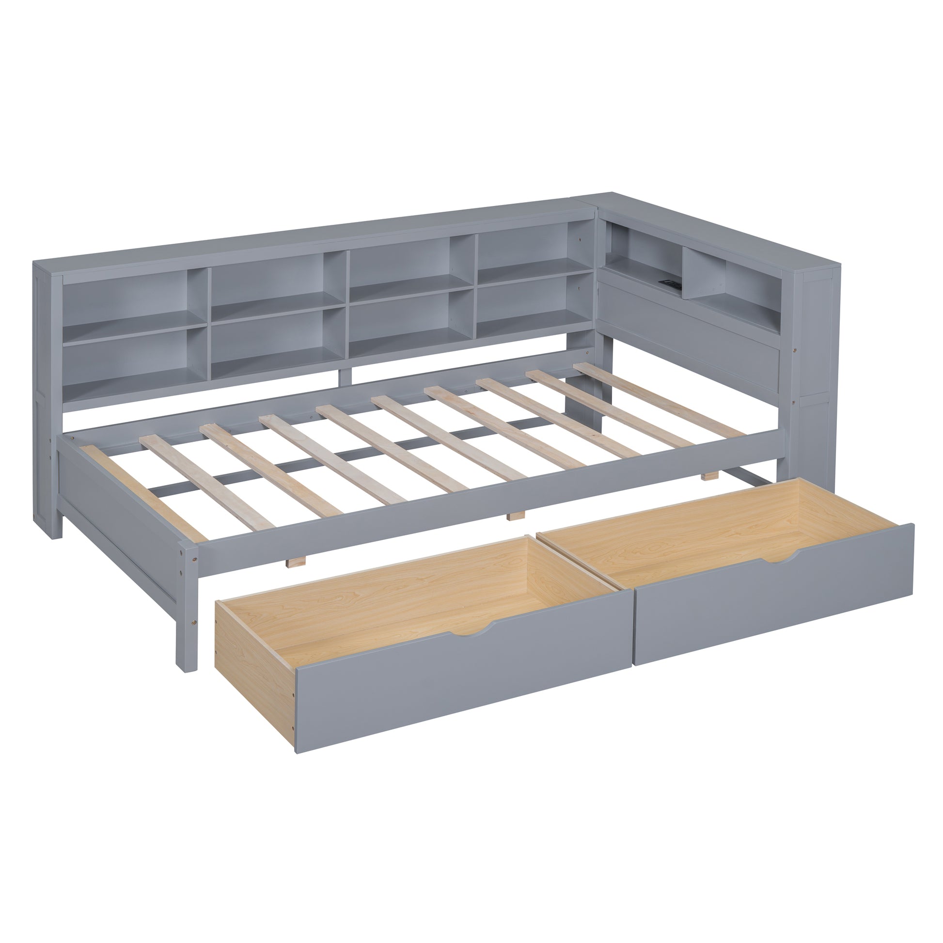 Wooden Twin Size Daybed With 2 Drawers, Daybed With Storage Shelf And Usb Charging Ports,Grey Twin Grey Wood