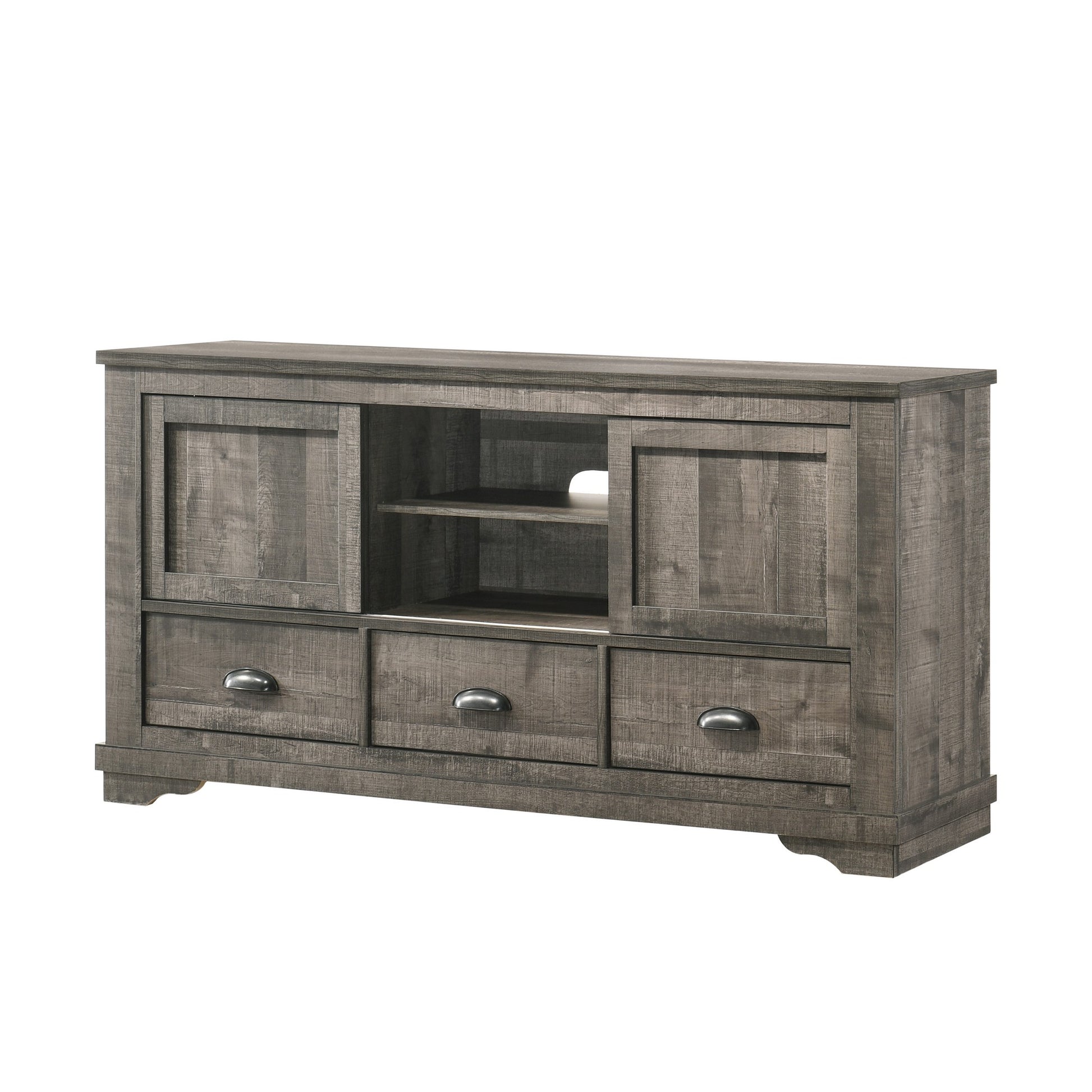 63 Inch Tv Entertainment Console, 2 Cabinets And Shelves, 3 Drawers, Gray Gray Wood Metal