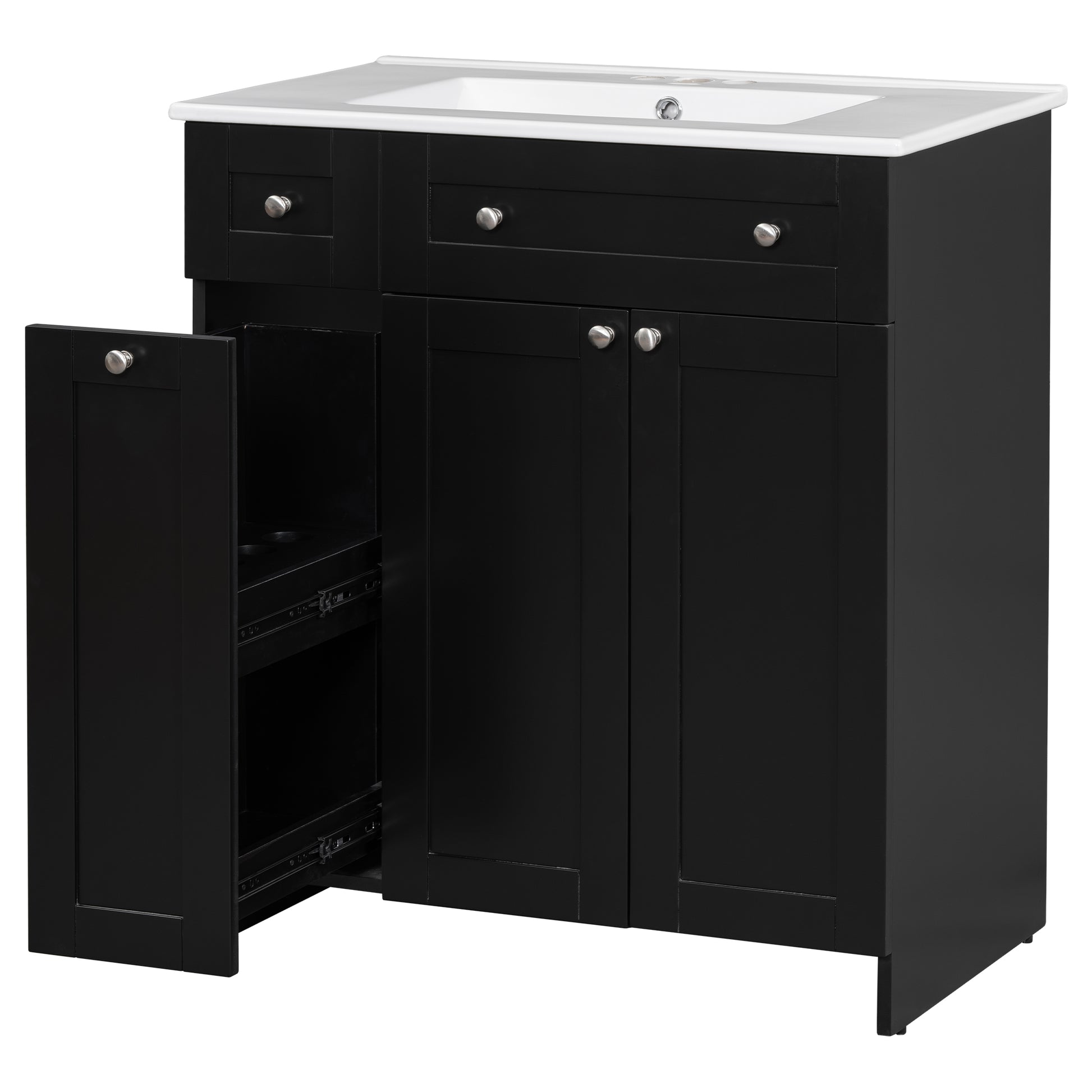 30 Inch Black Bathroom Vanity With Ceramic Sink Combo, Abundant Storage Cabinet 2 Soft Close Doors And Double Tier Deep Drawer Black Bathroom Mdf