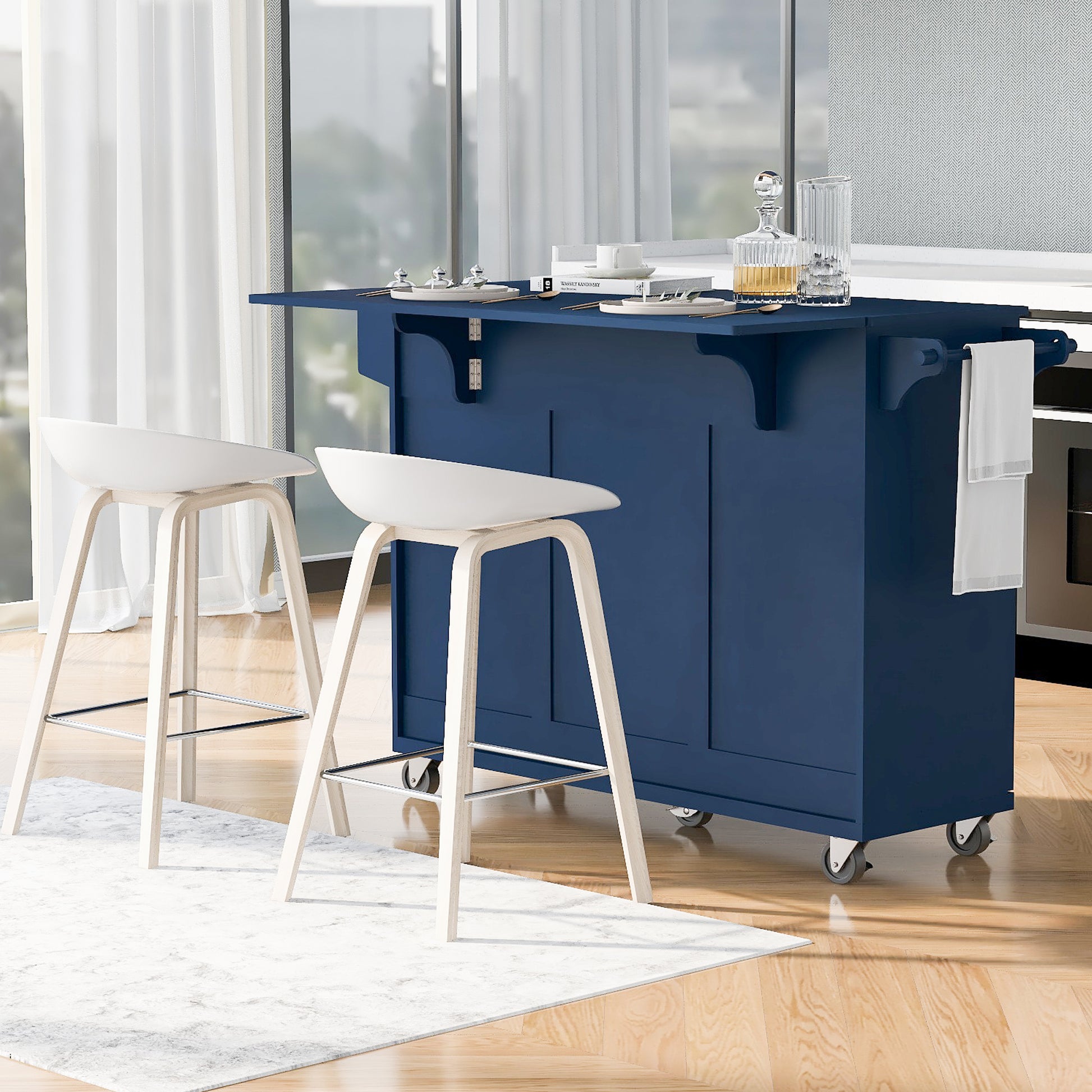 K&K 53.2'' Kitchen Island With Drop Leaf, Kitchen Storage Cart With Spice Rack, Towel Rack And 2 Drawers, Rolling Kitchen Island On Wheels With Adjustable Shelves For Kitchen, Dining Room, Navy Blue Navy Blue Brown Kitchen