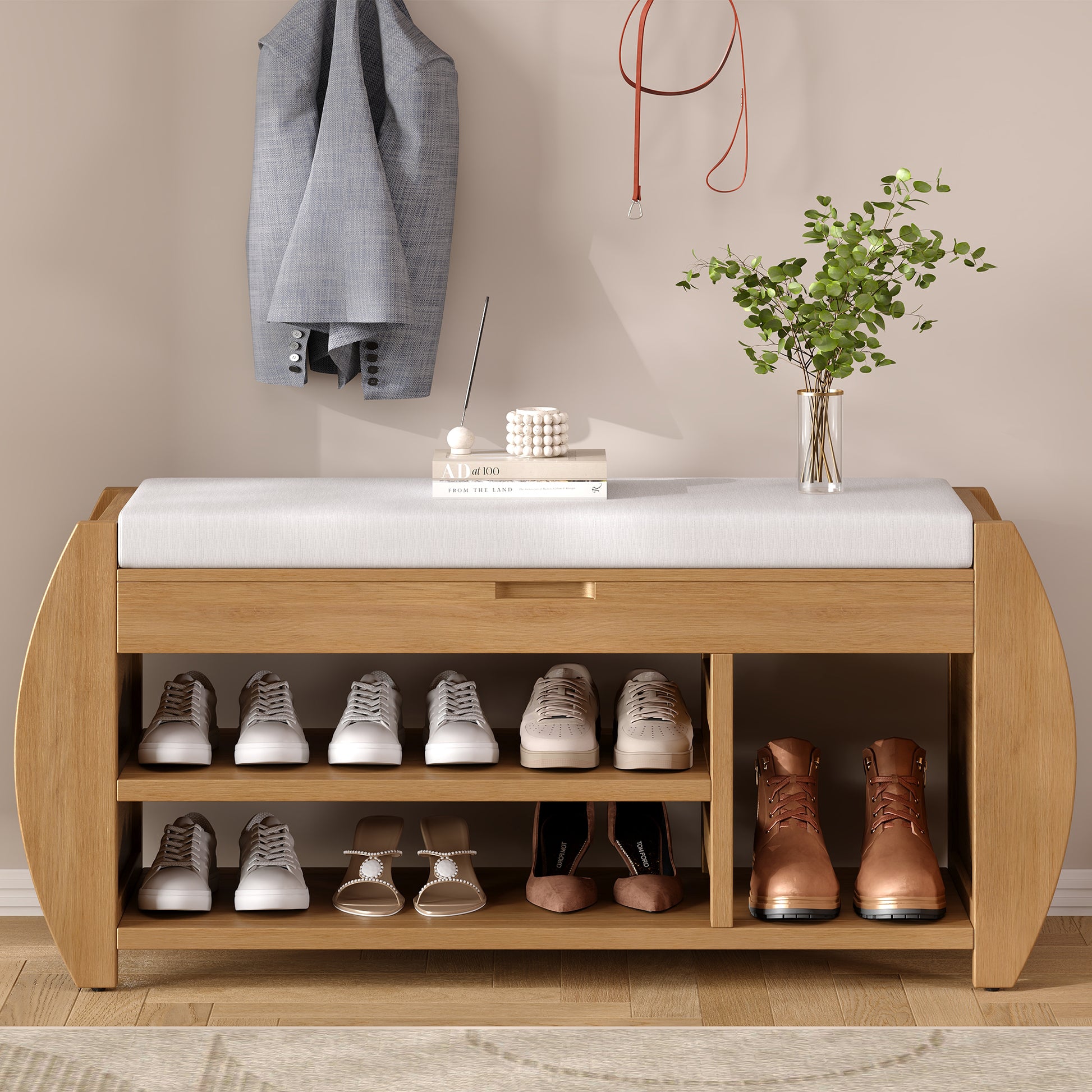 Retro Multifunctional Storage Bench With Cushion And Curved Side Panel For Entrance And Living Room Natural Natural Mdf