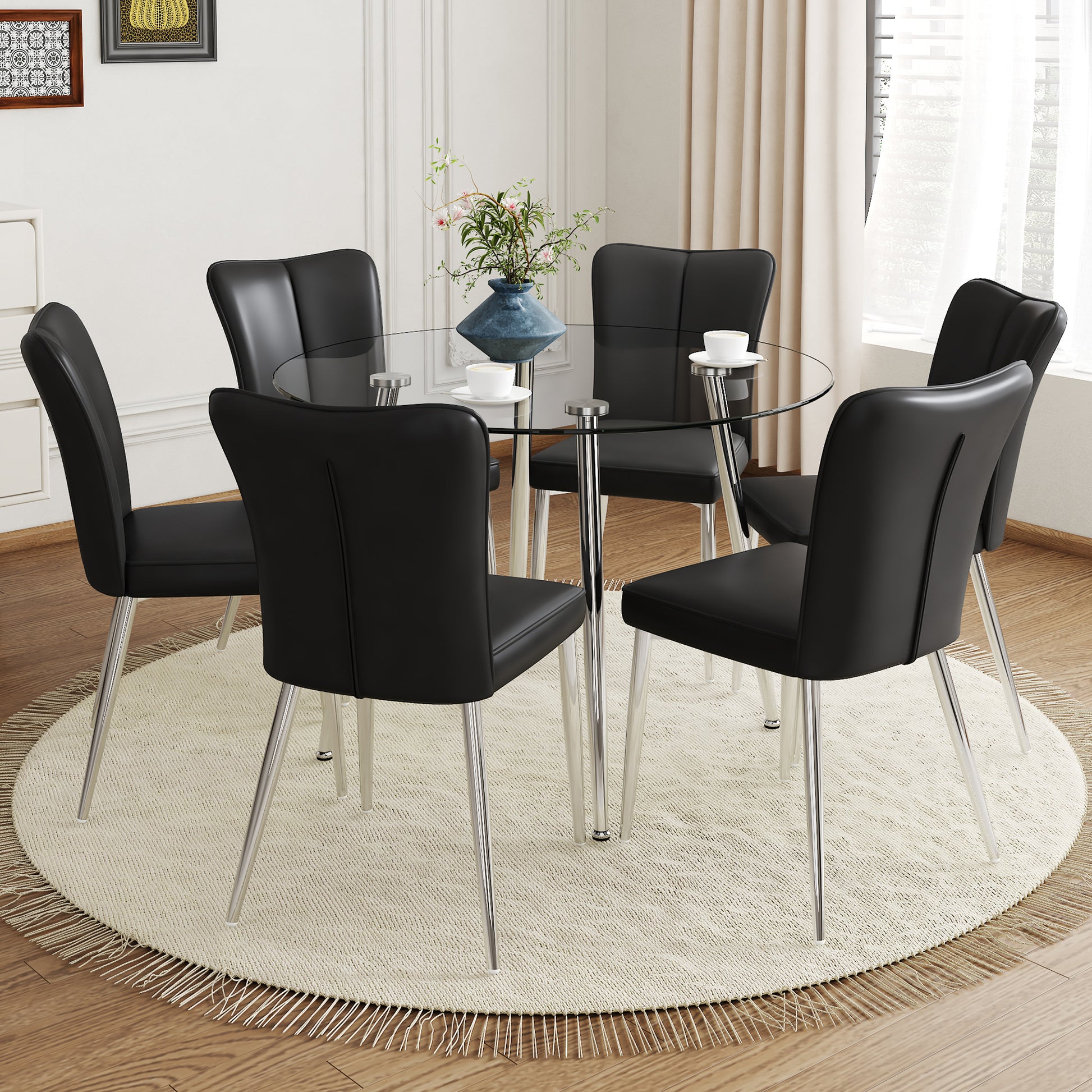 Table And Chair Set.A Modern Minimalist Round Dining Table With Transparent Tempered Glass Top And Silver Metal Legs,Paried With 6 Chairs With Pu Backrest And Seat Cushion And Silver Metal Legs. Black,Transparent Seats 6 Glass Metal