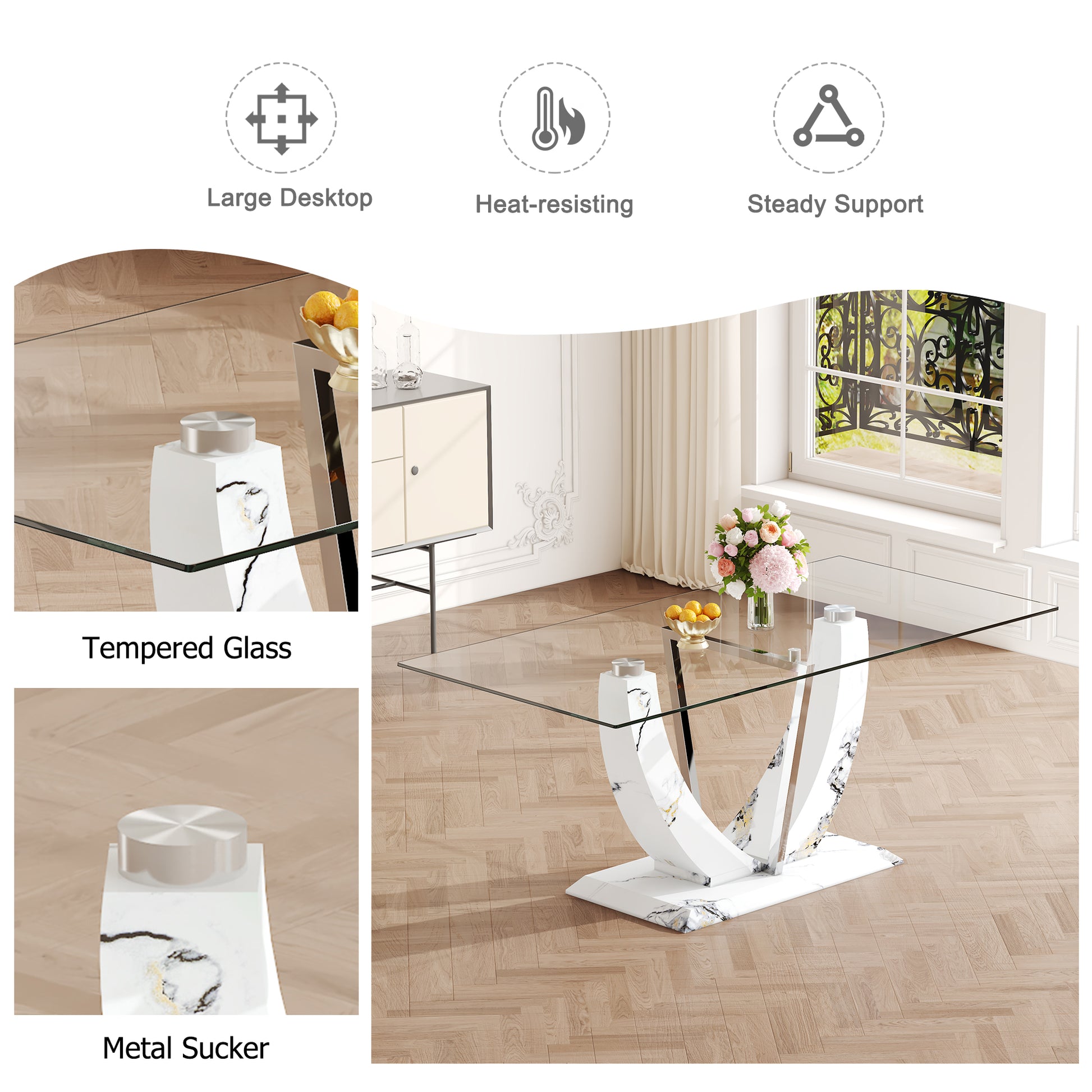 Table And Chair Set, Large Modern Rectangular Glass Table, Can Accommodate 6 8 People, Equipped With A 0.39 Inch Tempered Glass Tabletop And Mdf Table Legs.Paired With Comfortable And Soft Chairs. Black Mdf Glass