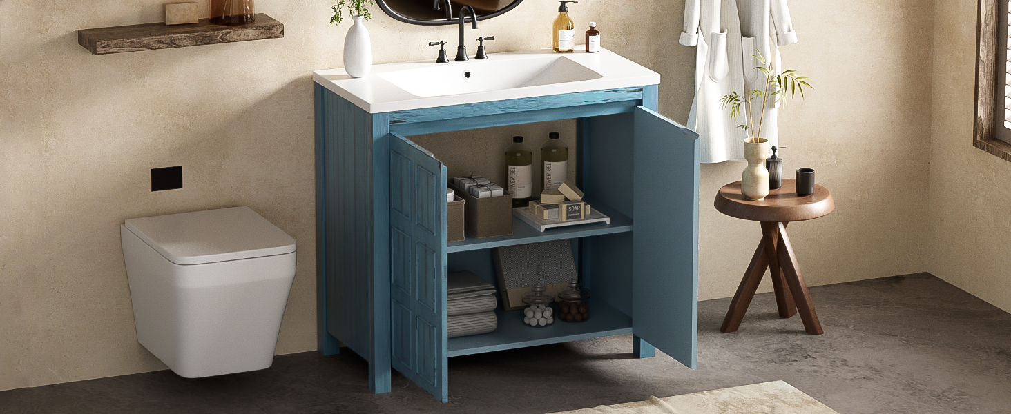 36" Bathroom Vanity Organizer With Sink, Combo Cabinet Set, Bathroom Storage Cabinet, Retro Lue Retro Blue Solid Wood Mdf Resin