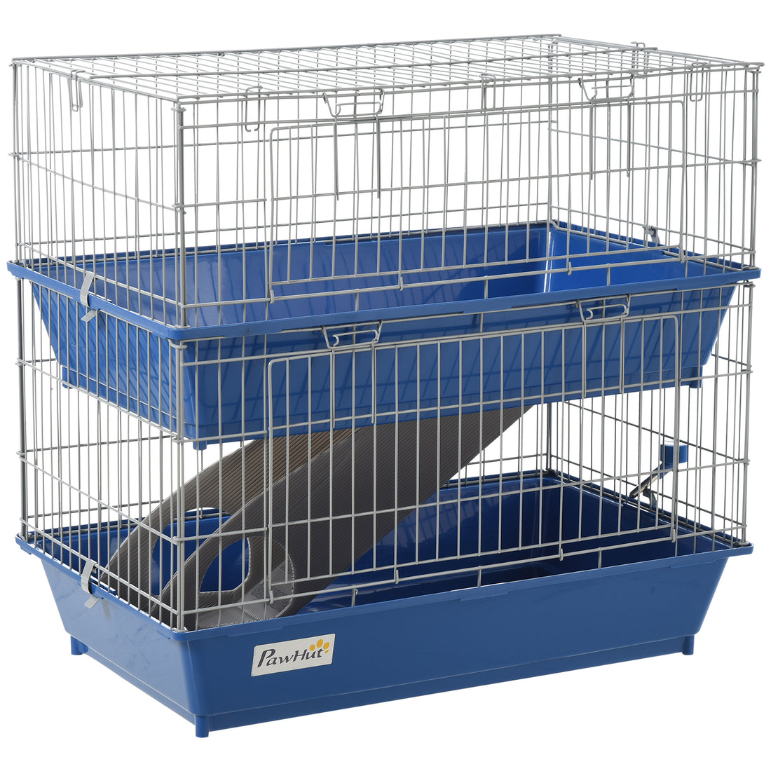 Pawhut 2 Tier Guinea Pig Cage, Ferret Cage, Chinchilla Cage, Small Animal Cage Indoor With Dish And Bottle, 2 Doors, Deep Bottoms, Ramp, 28", Blue Blue Iron Plastic