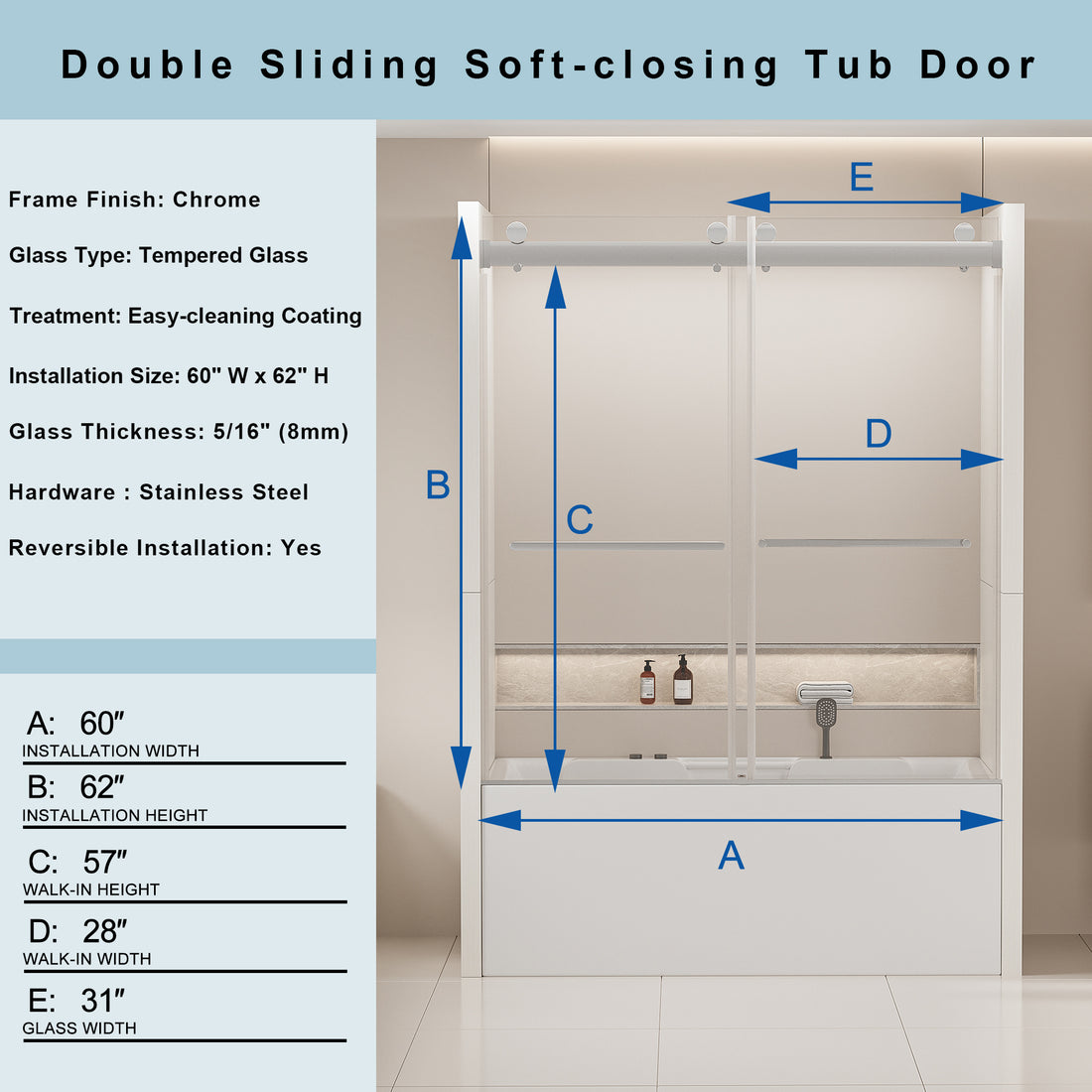 56 60 In. W X 62 In. H Frameless Double Sliding Tub Door, Bypass Tub Shower Door Soft Closing, Chrome 24D02 T60Chx Chrome Tempered Glass