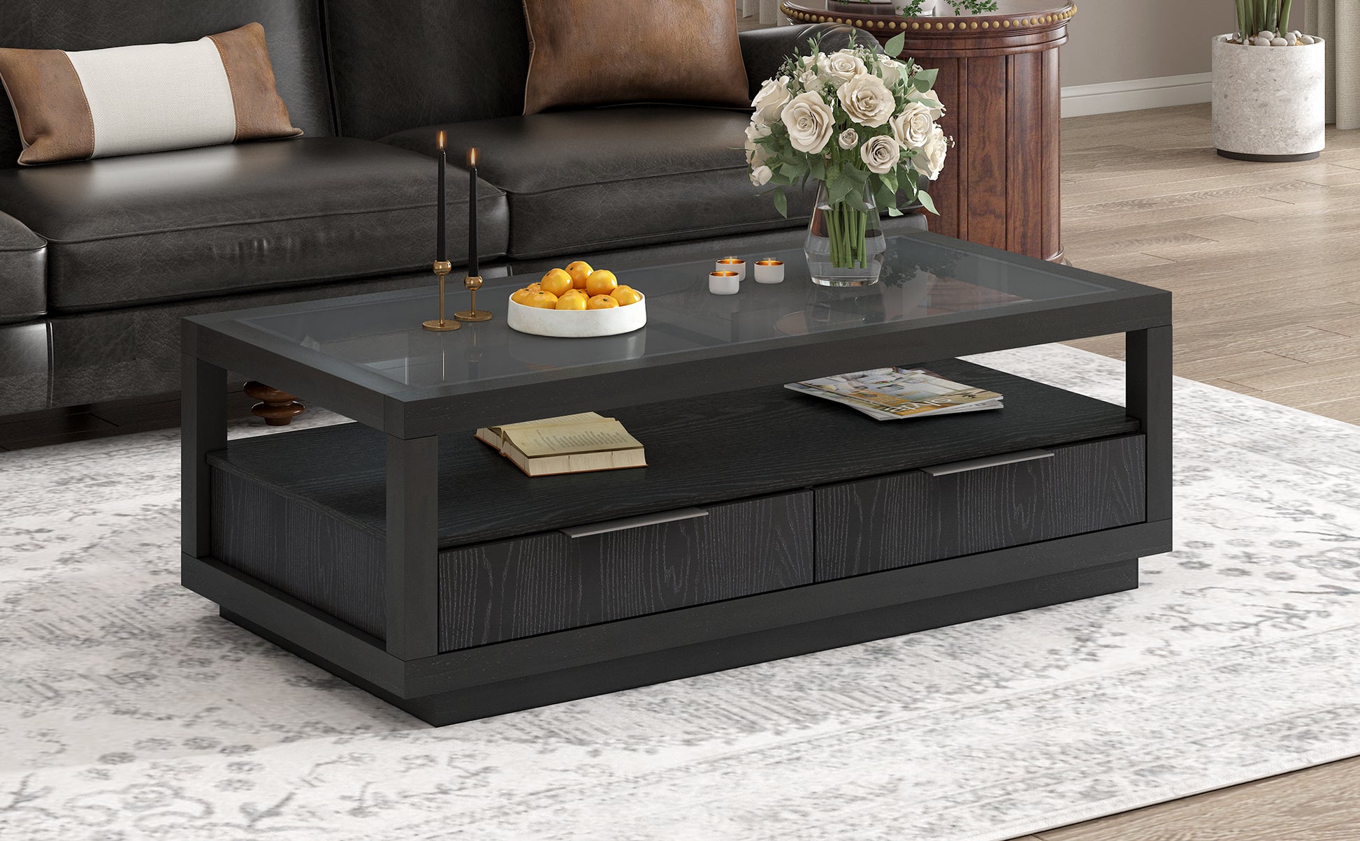 Modern Wood Coffee Table With 2 Drawers ,Minimalist Display Coffee Table With Transparent Tempered Glass, Open Storage Shelf For Living Room Black Solid Wood Mdf