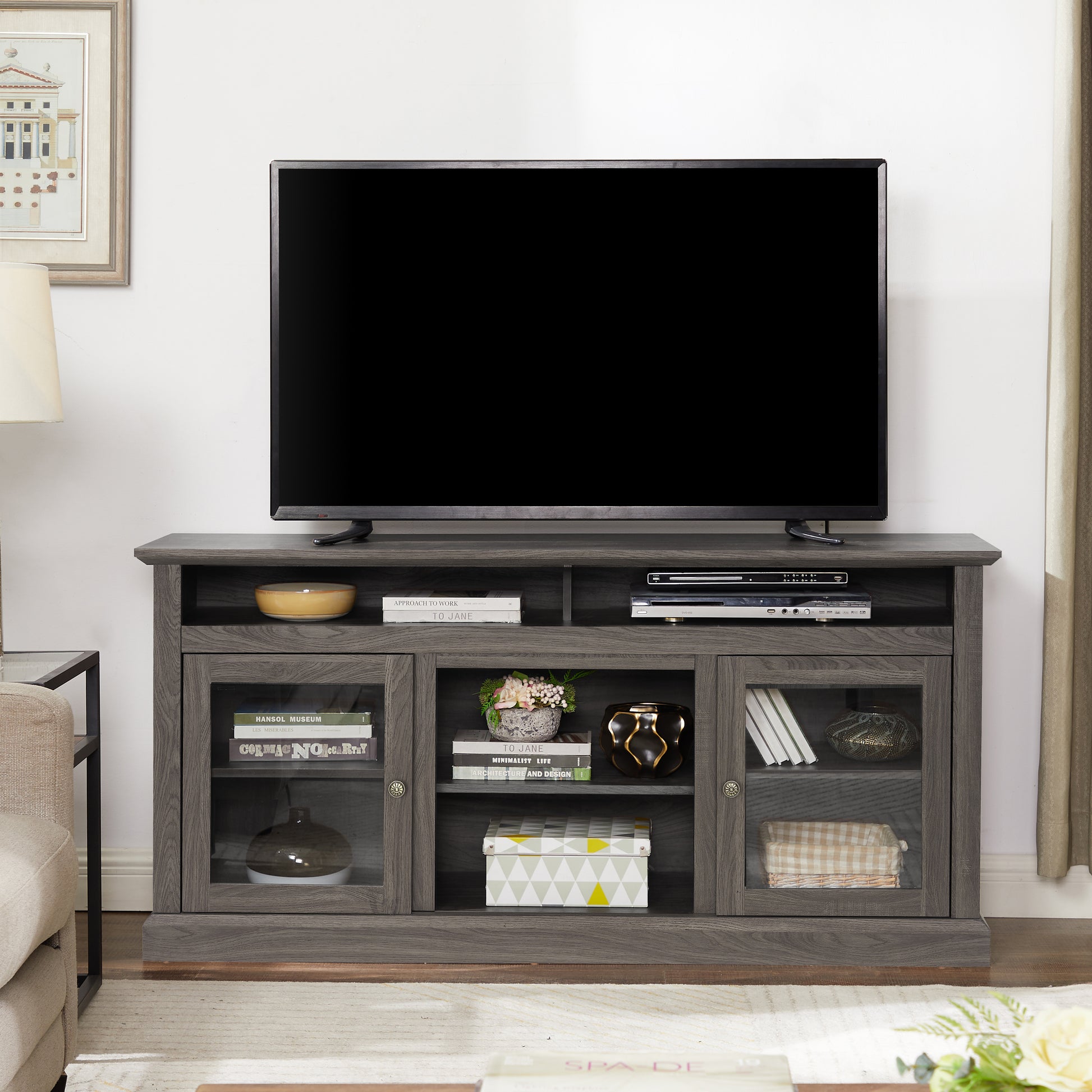 Modern Tv Stand Media Stand Modern Entertainment Console For Tv Up To 65" With Open And Closed Storage Space, Dark Walnut Black, 60"W*15.75"D*29"H Black Dark Walnut 60 69 Inches Mdf