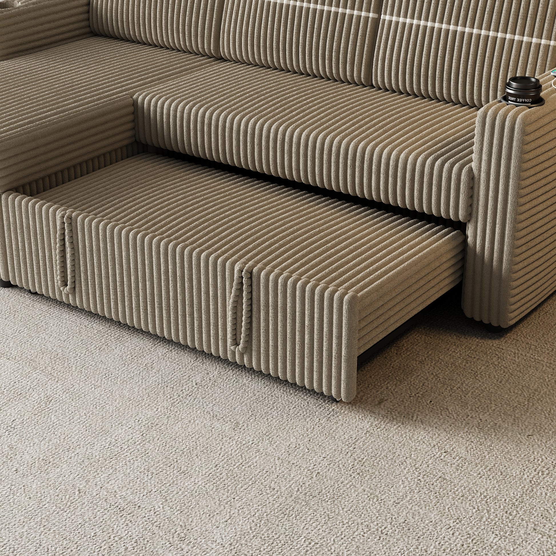 85 Inches Corduroy Sofa Bed, 3 Seater Sleeper Sofa With Storage Chaise, Square Handrail With Two Cup Holder And Usb Charge Port, Pull Out Couch For Living Room Brown Corduroy 3 Seat