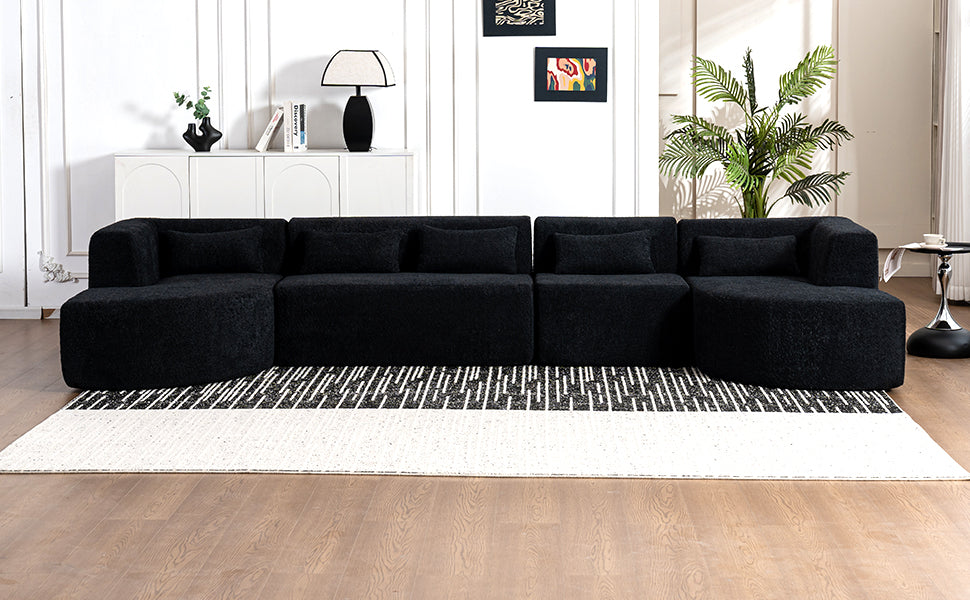 143.7" Upholstered Sofa Free Combined Sofa Couch With Two Chaise Lounge And Five Back Pillows For Living Room, Black Black Foam Polyester 5 Seat