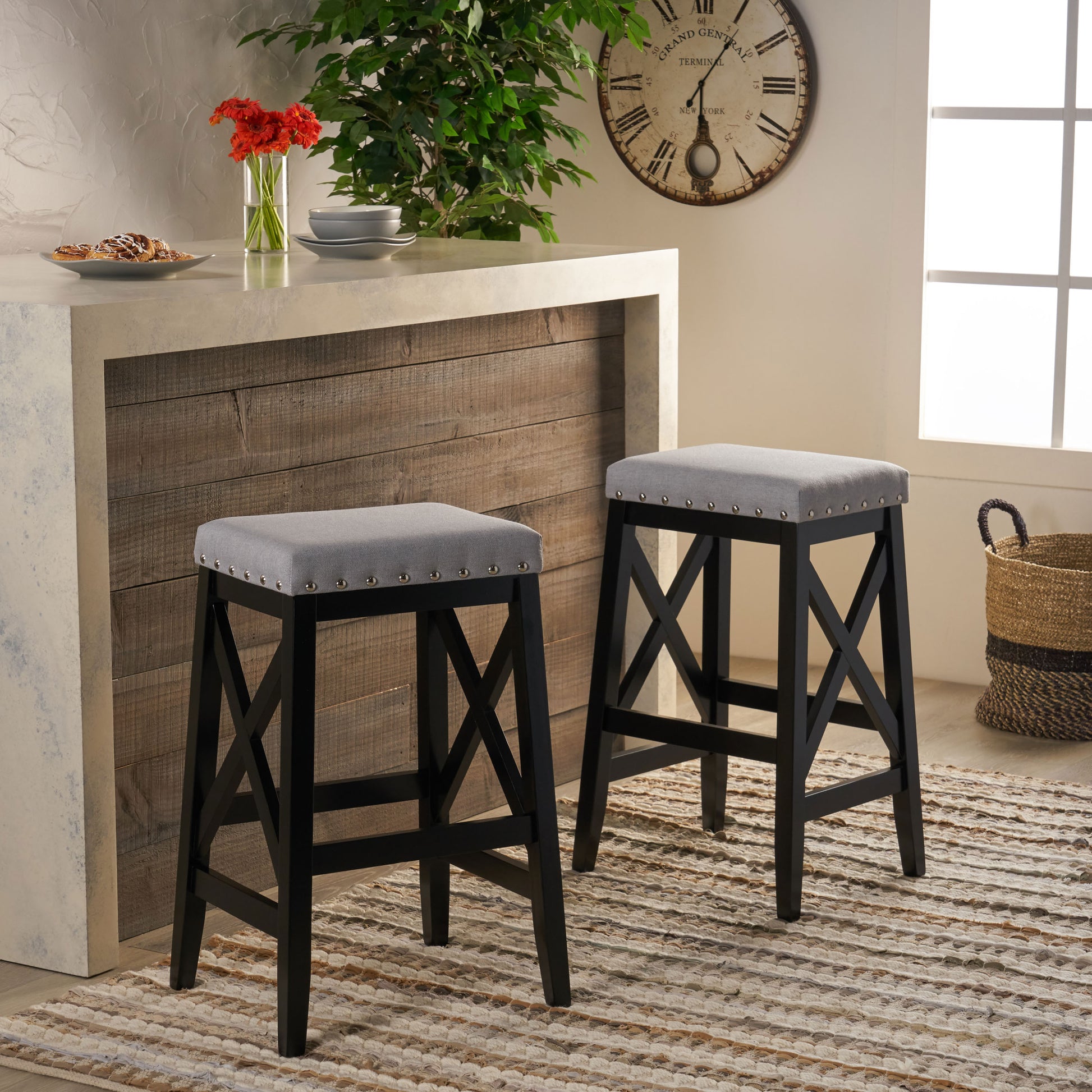 Saddle Barstool Light Grey Wood Fabric