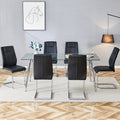 Table And Chair Set.Modern Rectangular Glass Dining Table With A Tempered Glass Tabletop And Silver Metal Legs, Paired With Multiple Chairs Designed With Pu Cushions And Silver Metal Legs. Black Silver Seats 6 Tempered Glass