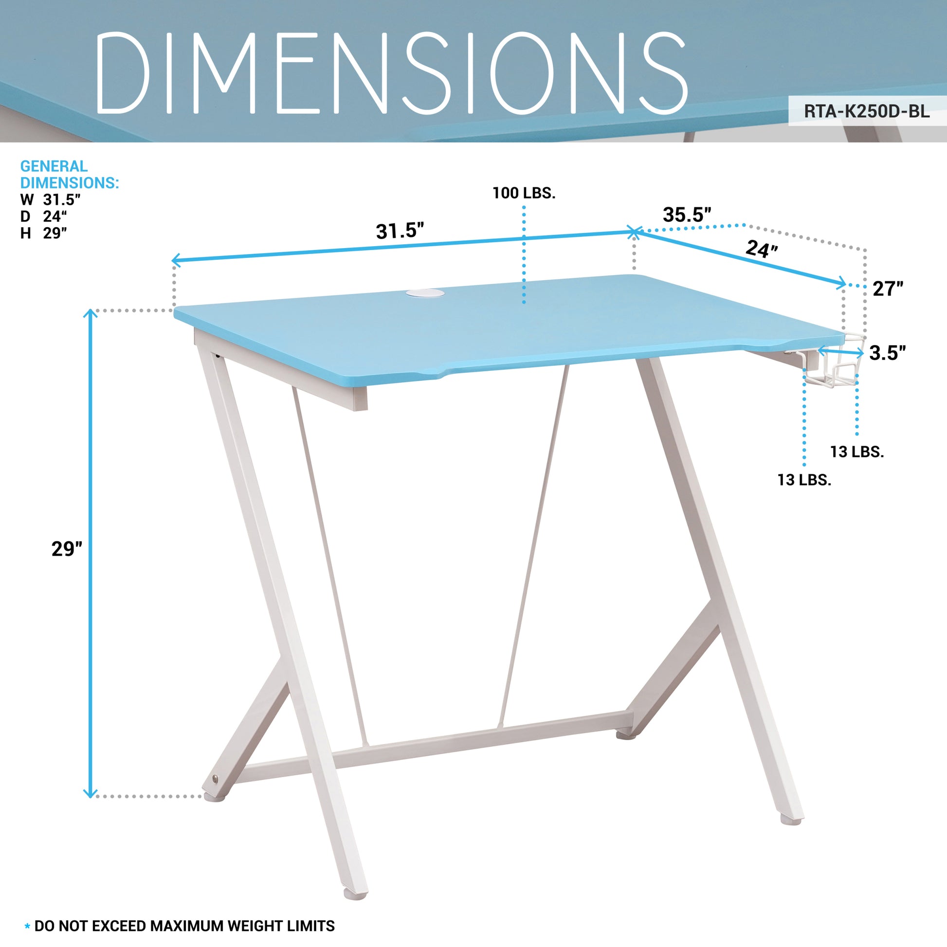 Techni Mobili Kids Gaming Desk, Blue Blue Office Modern Rectangular Rectangular Mdf Steel