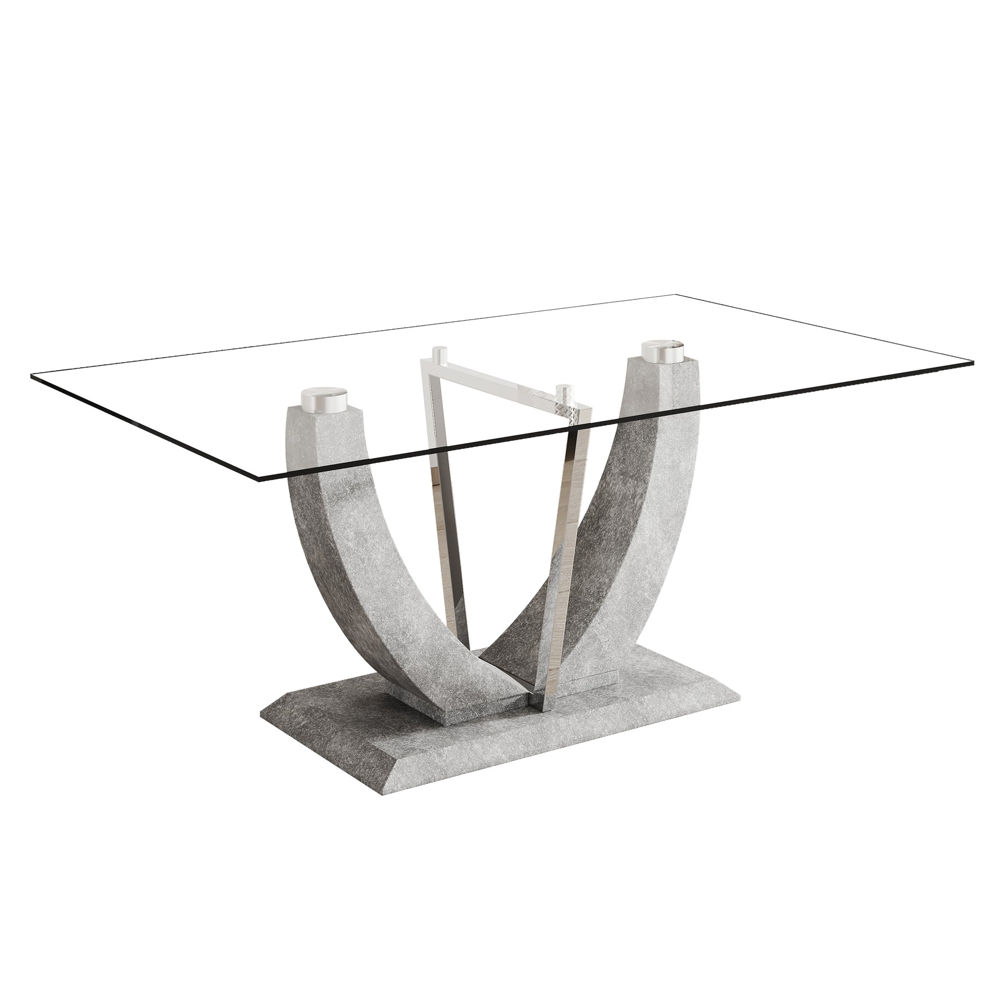 1 Table And 6 Chairs Set.Large Rectangular Table, Equipped With 0.39 Inch Tempered Glass Table Top And Mdf Table Legs.Paired With 6 Chairs With Faux Leather Padded Seats And Metal Legs.F 907,C 001 Transparent Mdf Glass