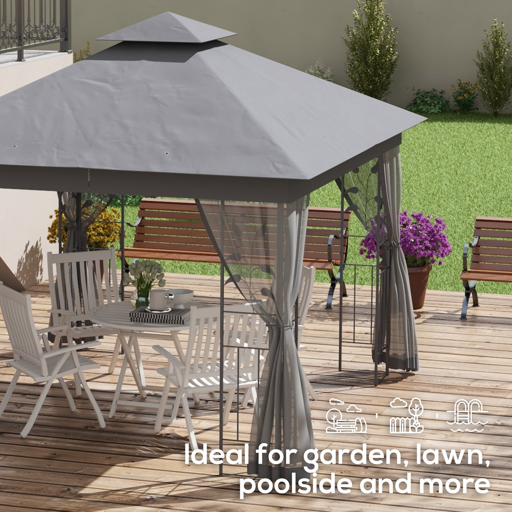 Outsunny 10' X 11.5' Metal Patio Gazebo, Double Roof Outdoor Gazebo Canopy Shelter With Tree Motifs Corner Frame And Netting, For Garden, Lawn, Backyard, And Deck, Gray Gray Polyester