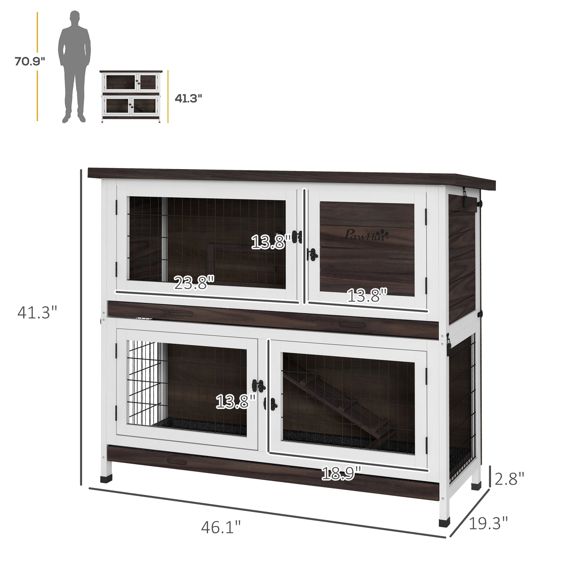 Pawhut Rabbit Hutch, Outdoor 2 Tier Rabbit Cage, 46" Wooden Guinea Pig Cage With Double Removable Trays, Ramp, Asphalt Roof For 1 2 Rabbits, No Screws Easy Installation, Brown Brown Wood