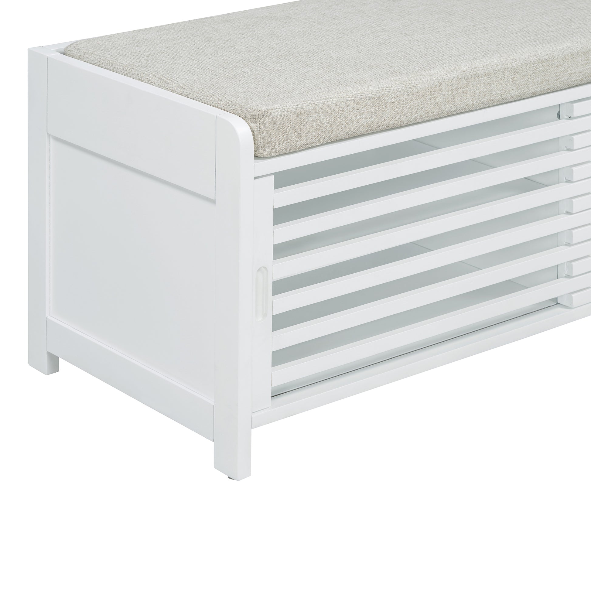 Distressed Shutter Storage Bench With Acacia Veneer For Retro Charm For Living Room, Entryway White White Mdf