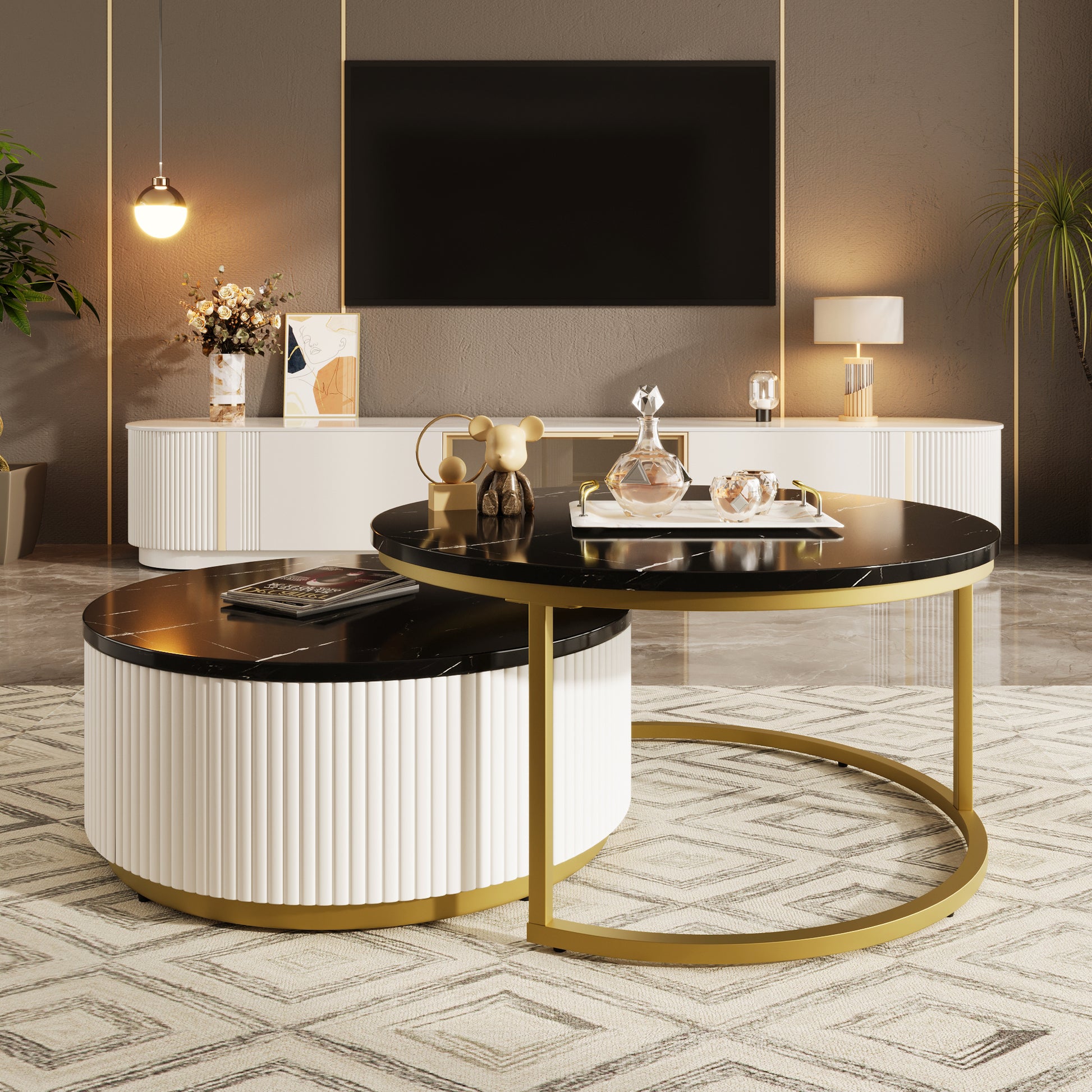 Modern Round Nesting Coffee Table Fluted With Drawer In Black & Gold In 31.5'' Golden Black Drawers Coffee & End Tables Glossy Round Metal Mdf Pedestal