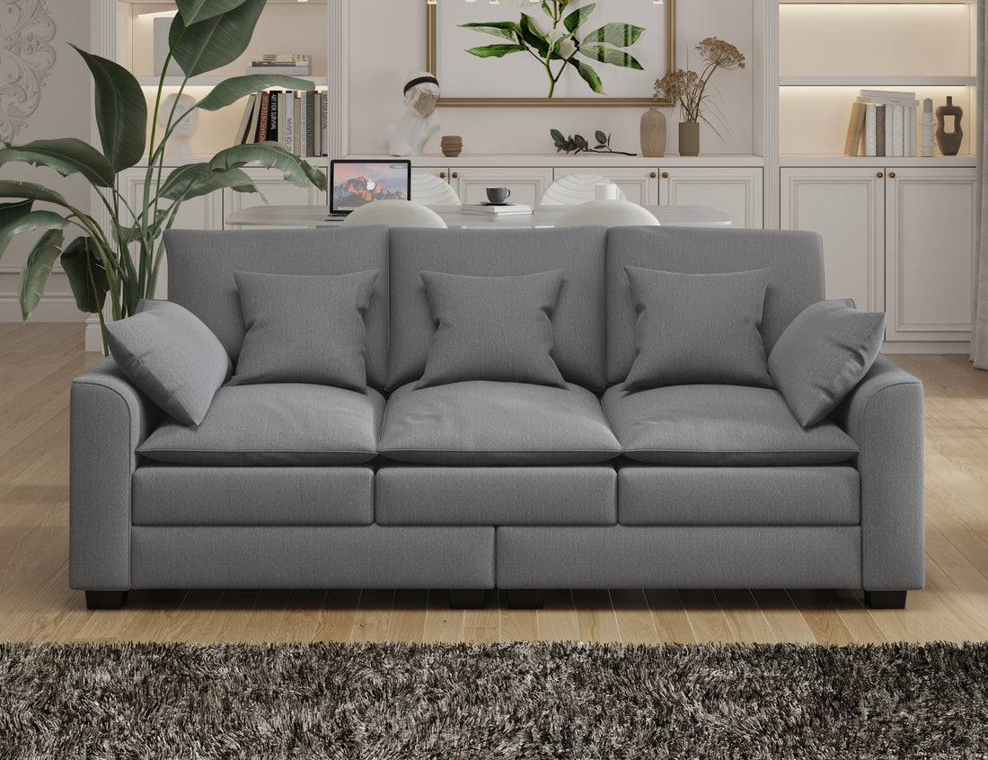 78.7" Sofa Couch 3 Seater Sofa With Pillows Polyester Upholstery Duck Down Filled Cushion Sofa For Living Room Apartment,Grey Grey Polyester Wood Primary Living Space Soft Cushion Back Foam Polyester 3 Seat