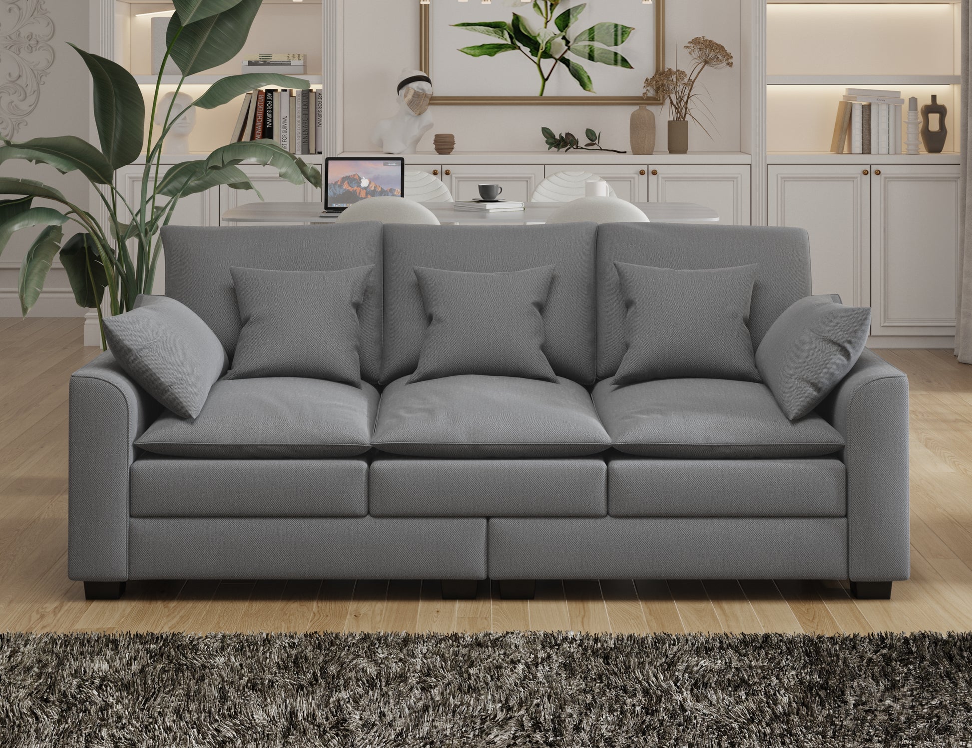 78.7" Sofa Couch 3 Seater Sofa With Pillows Polyester Upholstery Duck Down Filled Cushion Sofa For Living Room Apartment,Grey Grey Polyester Wood Primary Living Space Soft Cushion Back Foam Polyester 3 Seat