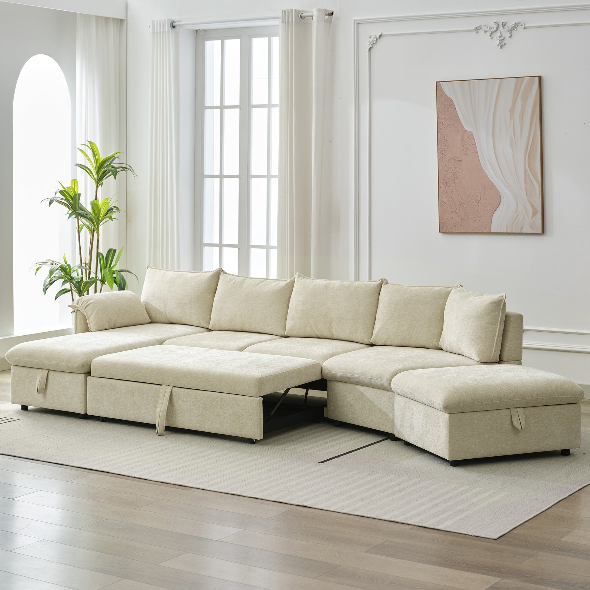 146.9" L Shaped Sofa Sectional Sofa Couch Pull Out Sofa Bed With A Movable Storage Ottoman, A Storage Chaise Lounge And Two Usb Ports For Living Room, Beige Beige Foam Linen 5 Seat