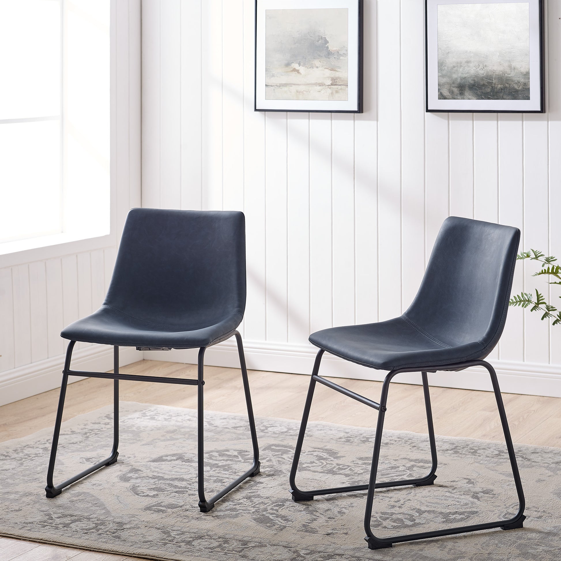 Industrial Faux Leather Dining Chairs, Set Of 2 Blue Navy Polyester Pu Leather