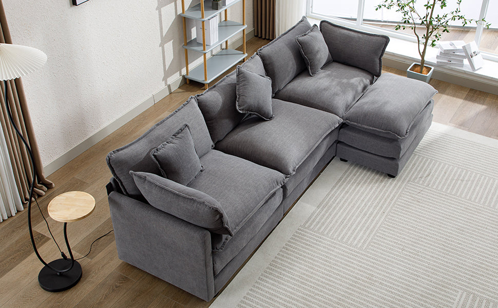 112.2" L Shape Chenille Upholstered Sofa For Living Room Modern Luxury Sofa Couch With Ottoman, 5 Pillows, Gray Gray Foam 4 Seat