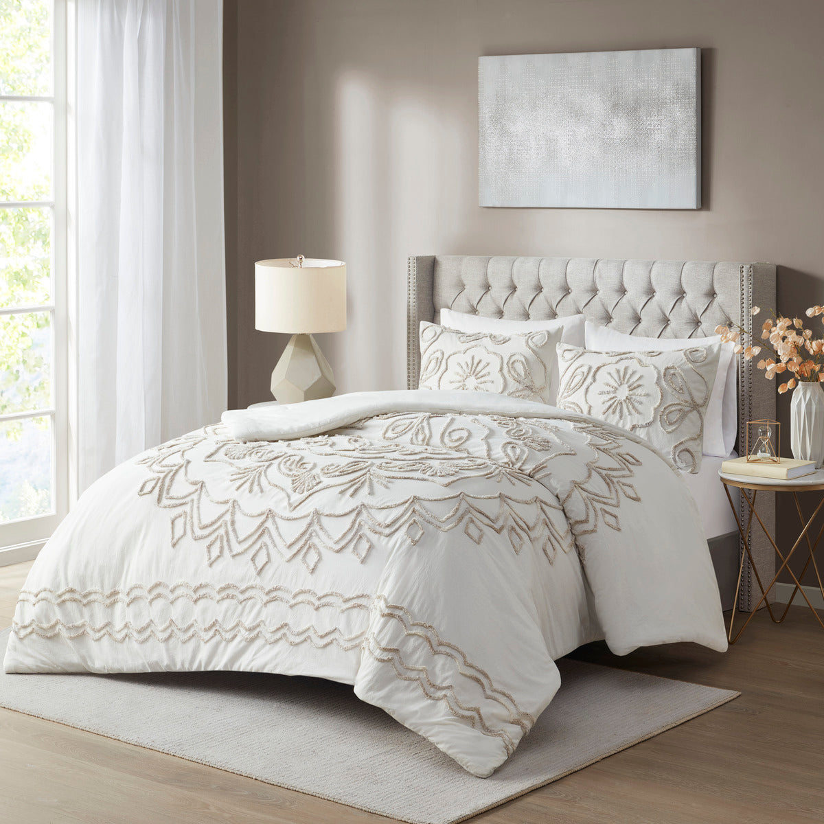 3 Piece Tufted Cotton Chenille Comforter Set Ivory Taupe Full Queen Full Ivory Taupe Polyester