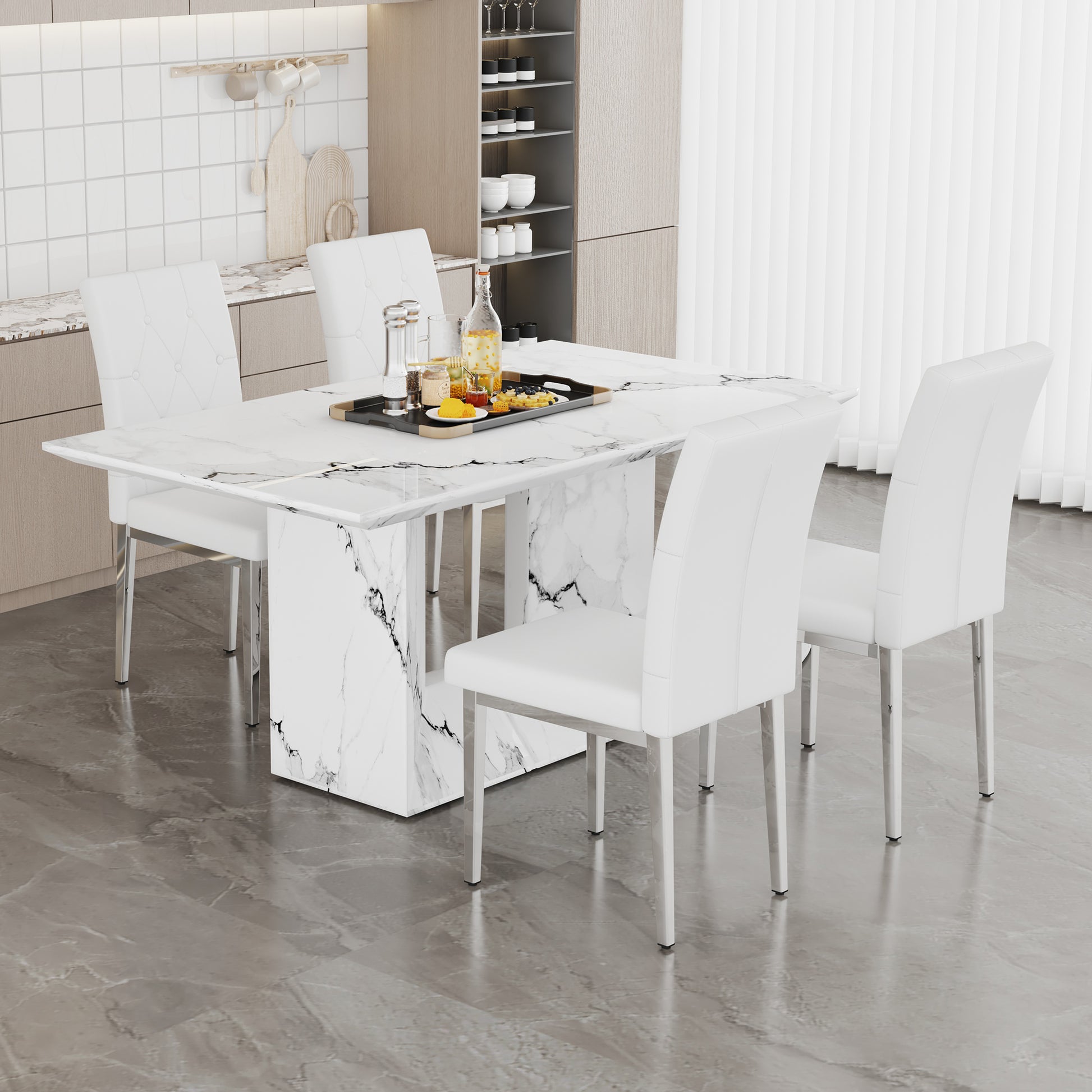 Table And Chair Set.63"X35.4" White Marble Patterned Mdf Dining Table Set With 4 Armless White Pu Chairs.Showcasing A Modern And Stylish Look. White Seats 4 Mdf Metal