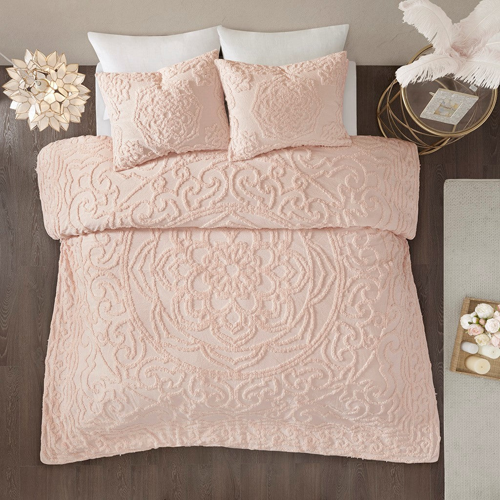 3 Piece Tufted Cotton Chenille Medallion Comforter Set Blush King Cal King King Blush Cotton