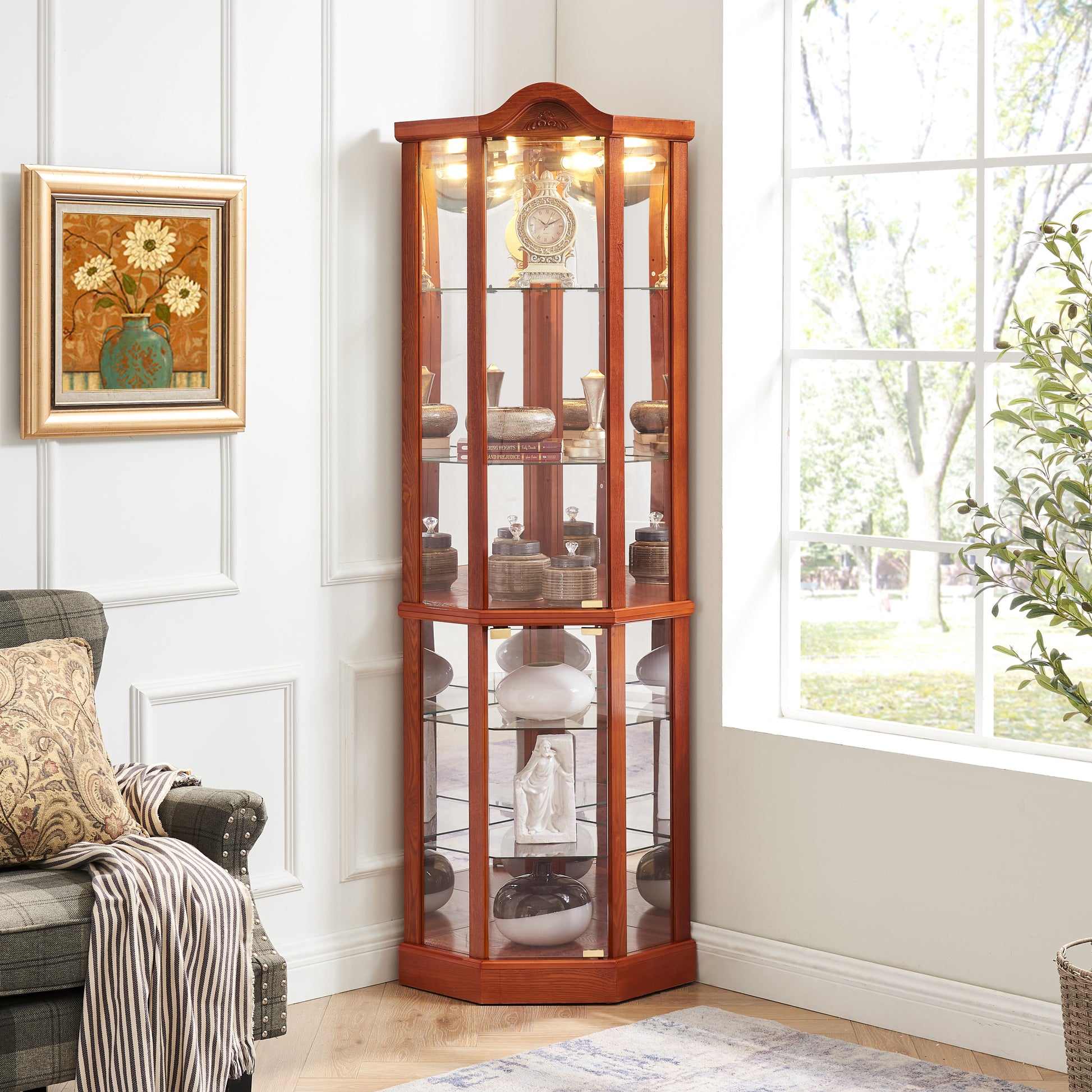 Glass Cabinet Lighted Corner Cabinet Corner Display Curio Cabinet, Glass Display With Light Included Bar Cabinet,Wine Cabinet With Adjustable Glass Shelves Carved Decoration Oak Light Included Oak Mdf Glass