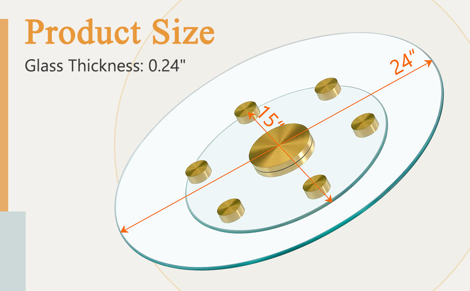 Double Layer Rotatable Round Glass.Golden Aluminum Plate,The Rotatable Design Makes It Convenient To Retrieve And Place Items.The Upper Glass Has A Diameter Of 24 Inches, The Lower Glass15 Inches.