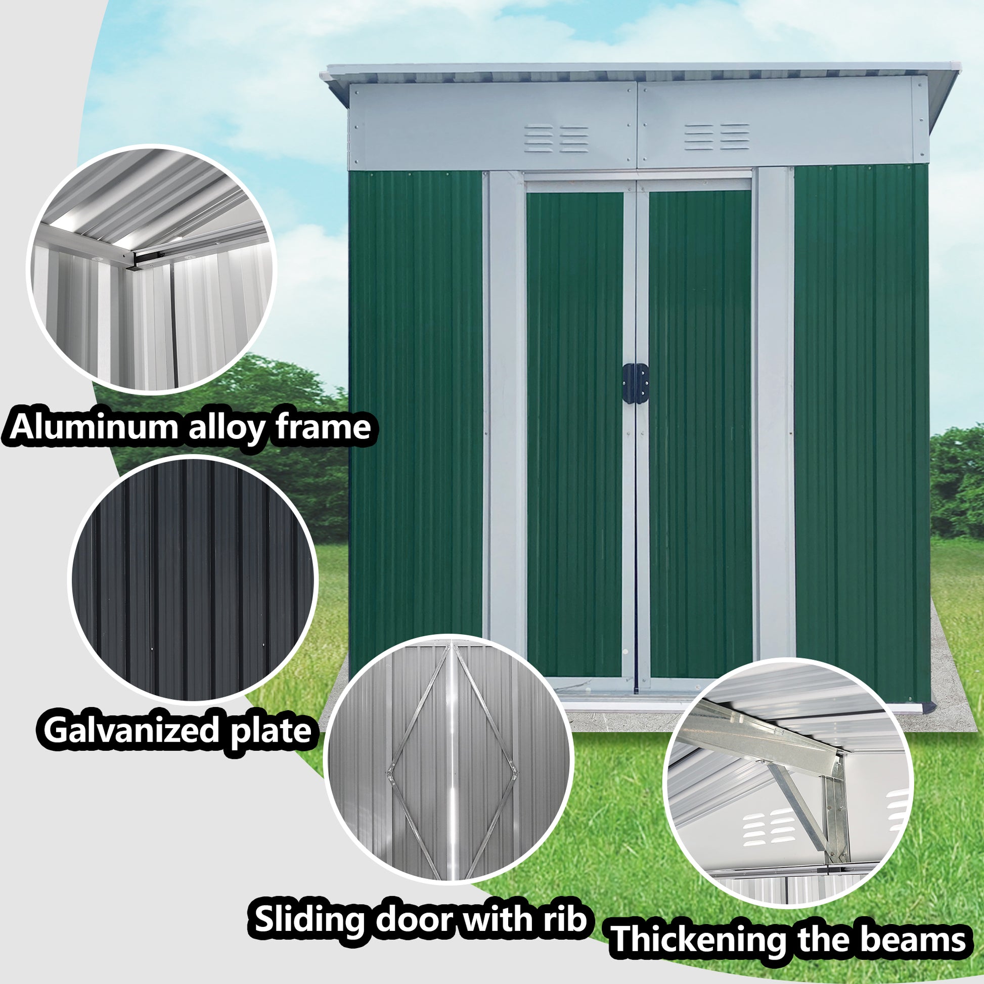 5X3 Feet Small Mini Outdoor Storage Sheds Pent Roof Green With Aluminum Alloy Frame And Sliding Door Green Garden & Outdoor Abs Pc Metal