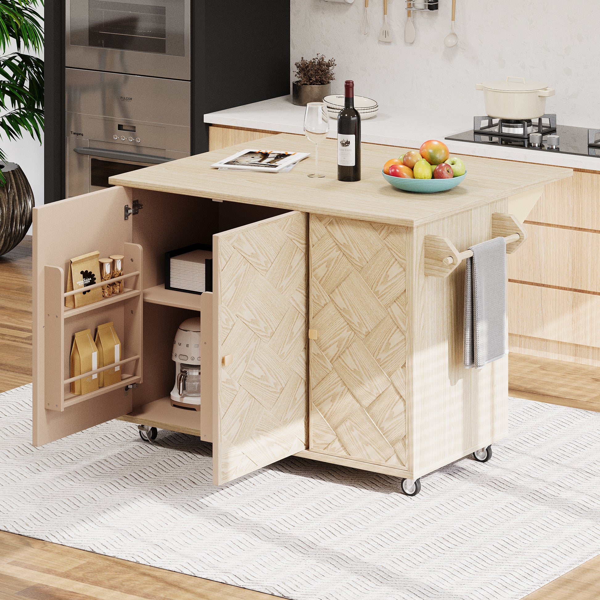 K&K 51.2"W Ash Veneer Not Cheap Paper Solid Wood Handwoven Kitchen Island With Drop Leaf, Coastal Kitchen Island On Wheels With Internal Storage Rack, Rolling Kitchen Cart, Nature Wood Natural Wood