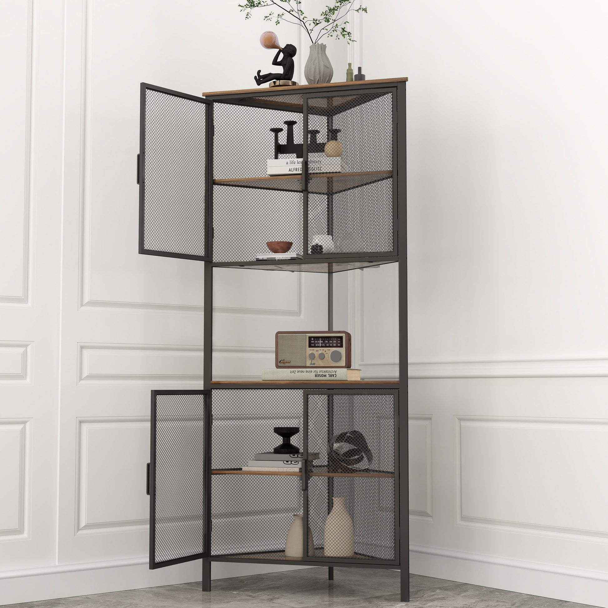 5 Tier Shelves With Metal Mesh Door, Bookcase Storage Shelf Corner Shelf For Small Space, Living Room Black Brown Metal