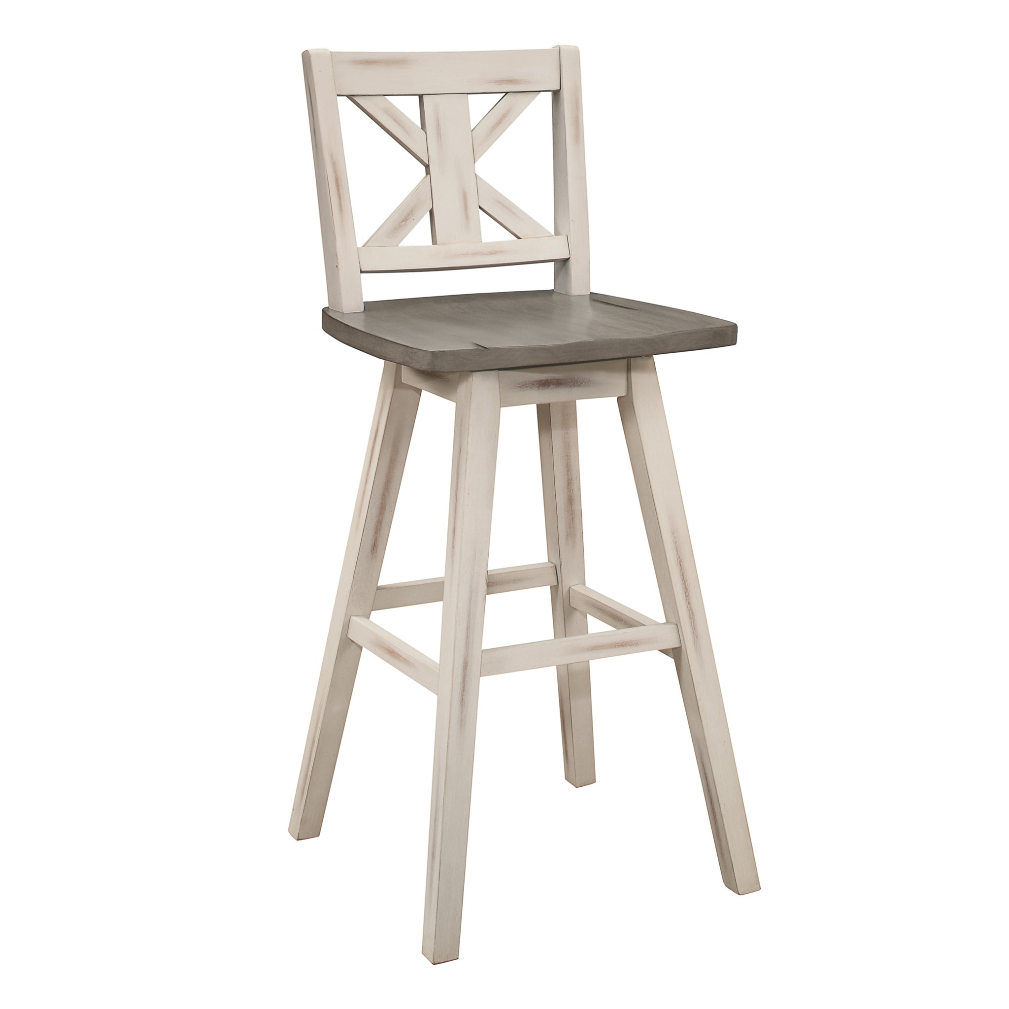 Pub Height Chairs Set Of 2, Distressed Gray And White 360 Degree Swivel Chair Solid Rubberwood Furniture, X Back Bar Chairs White Gray Dining Room Rustic Cross Back Solid Wood