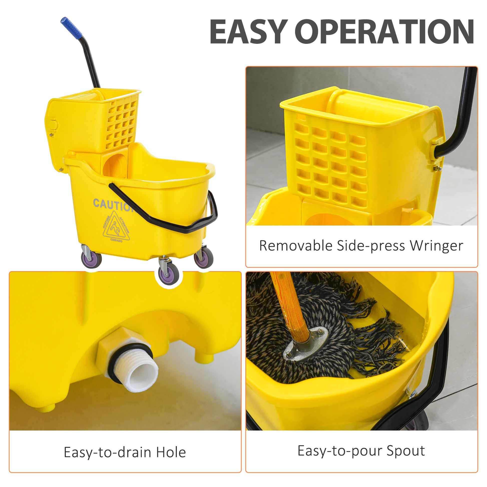 Homcom Mop Bucket Cart With Side Press Wringer, Metal Handle And 34 Quart Capacity, Yellow Yellow Iron Plastic