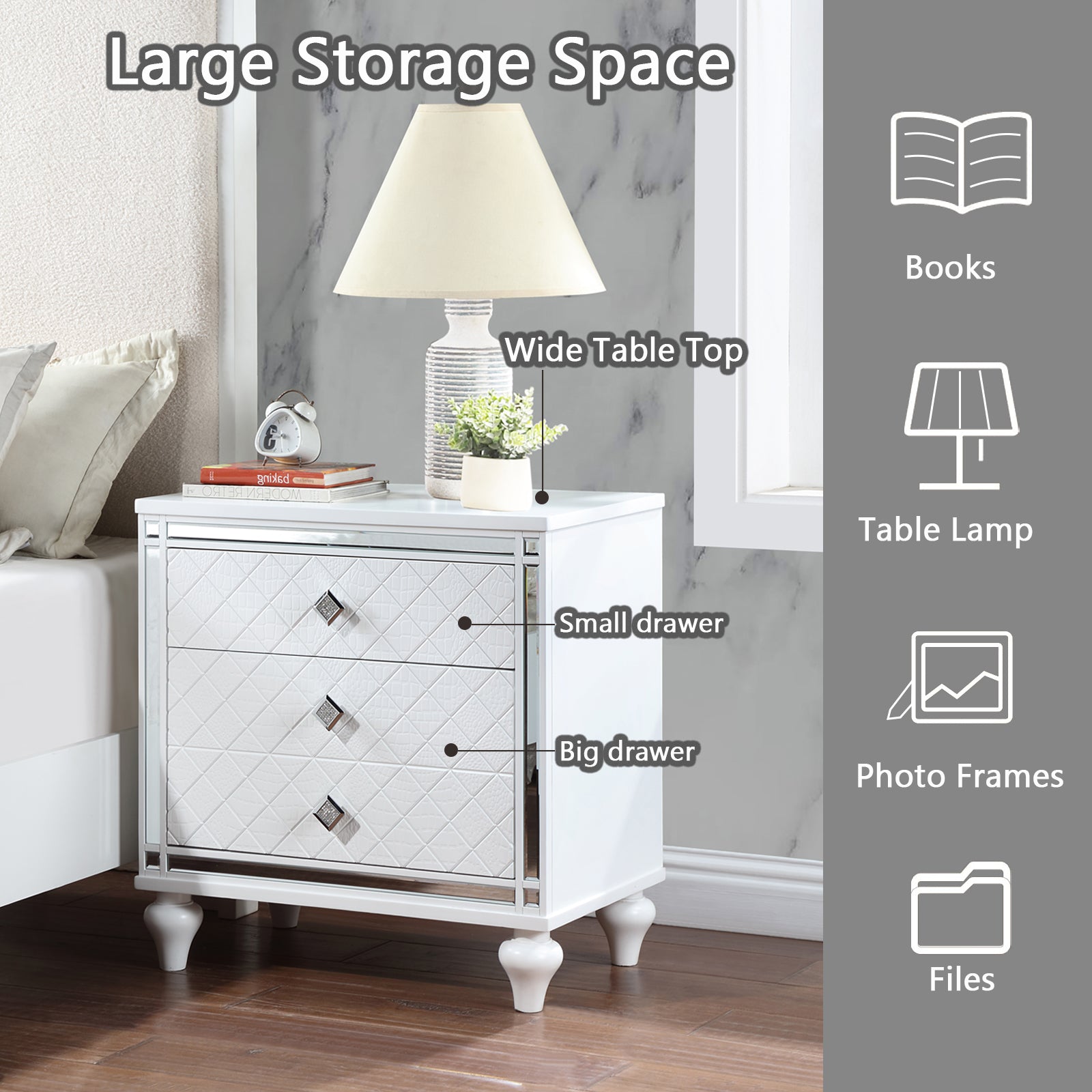 Contemporary Nightstands With Mirror Frame Accents, Bedside Table With Two Drawers And One Hidden Drawer, End Table With Crystal Pull For Living Room,Bedroom, White White 3 Drawers Solid Wood Mdf