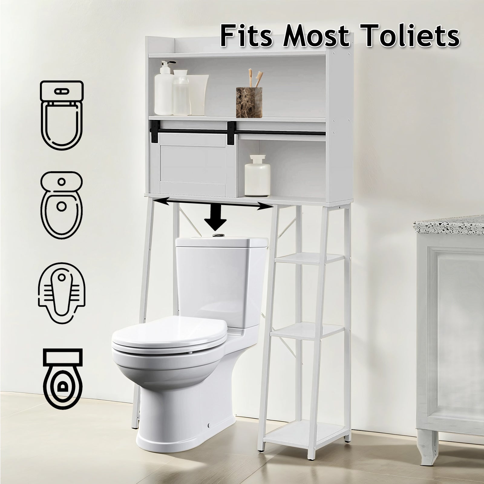 Over The Toilet Storage Cabinet With Toilet Paper Stand, Mass Storage Over Toilet Bathroom Organizer With Sliding Door, Space Saving Toilet Rack, For Bathroom, Laundry White White Mdf Metal