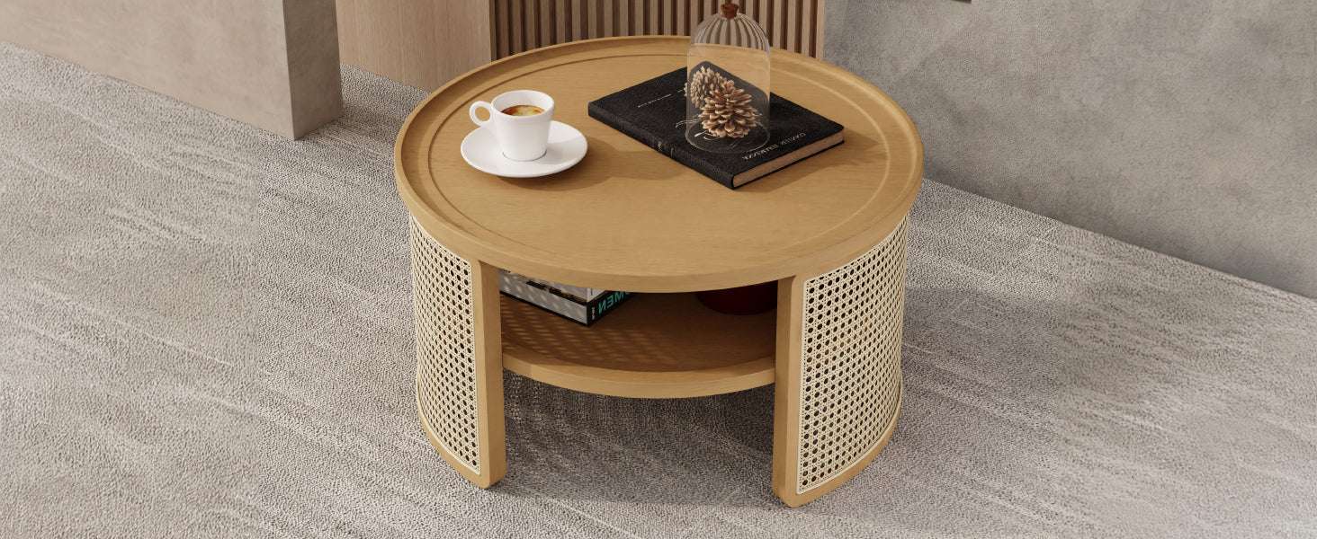 2 Tiered Round Natural Wood Coffee Table With Storage Rattan Base In 31.3'' Natural Rubber Wood