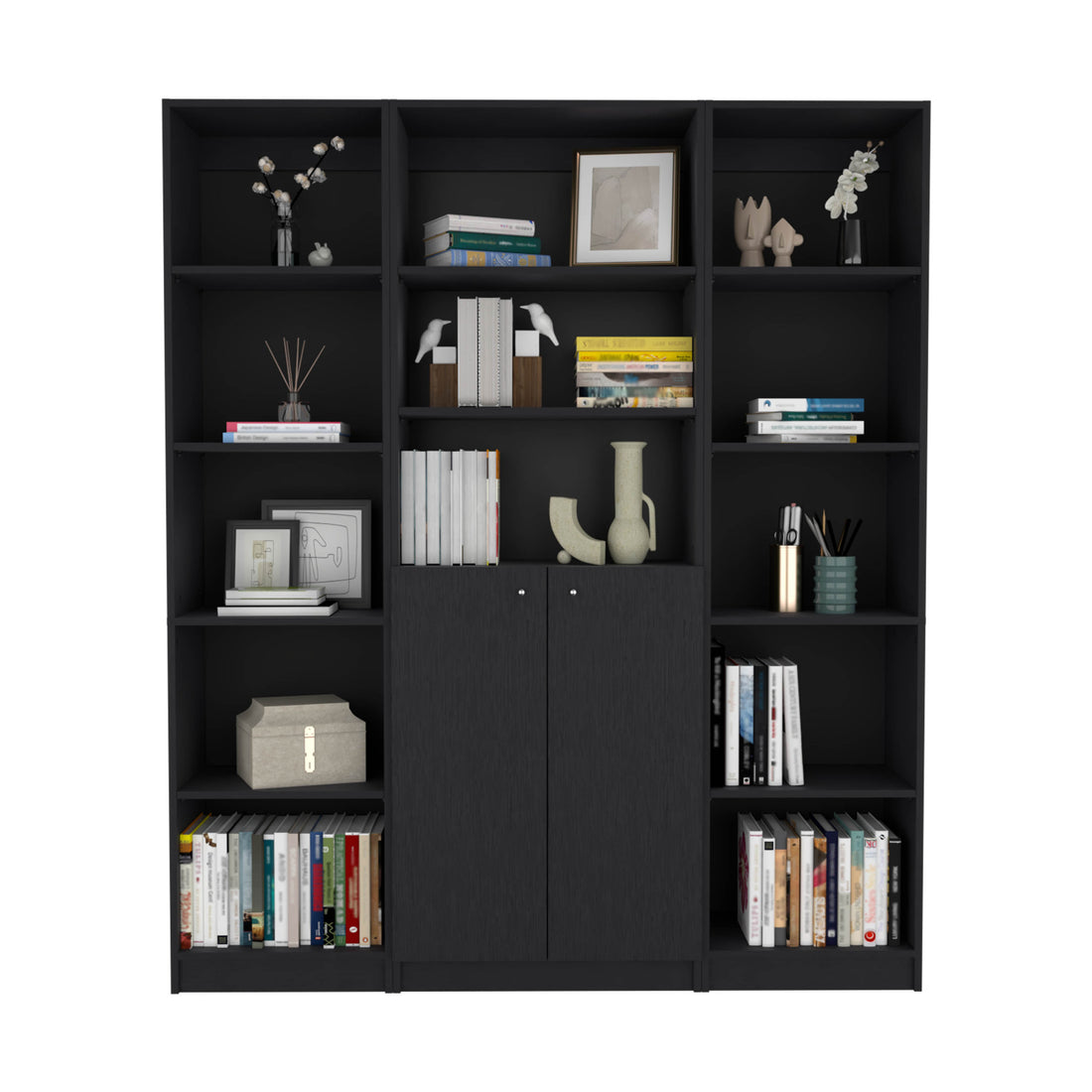 June 3 Piece Home Bookcase Set, 60" Wide With 13 Shelves And Two Door Cabinetliving Room Set Set Black Freestanding Black Office Open Storage Space Particle Board