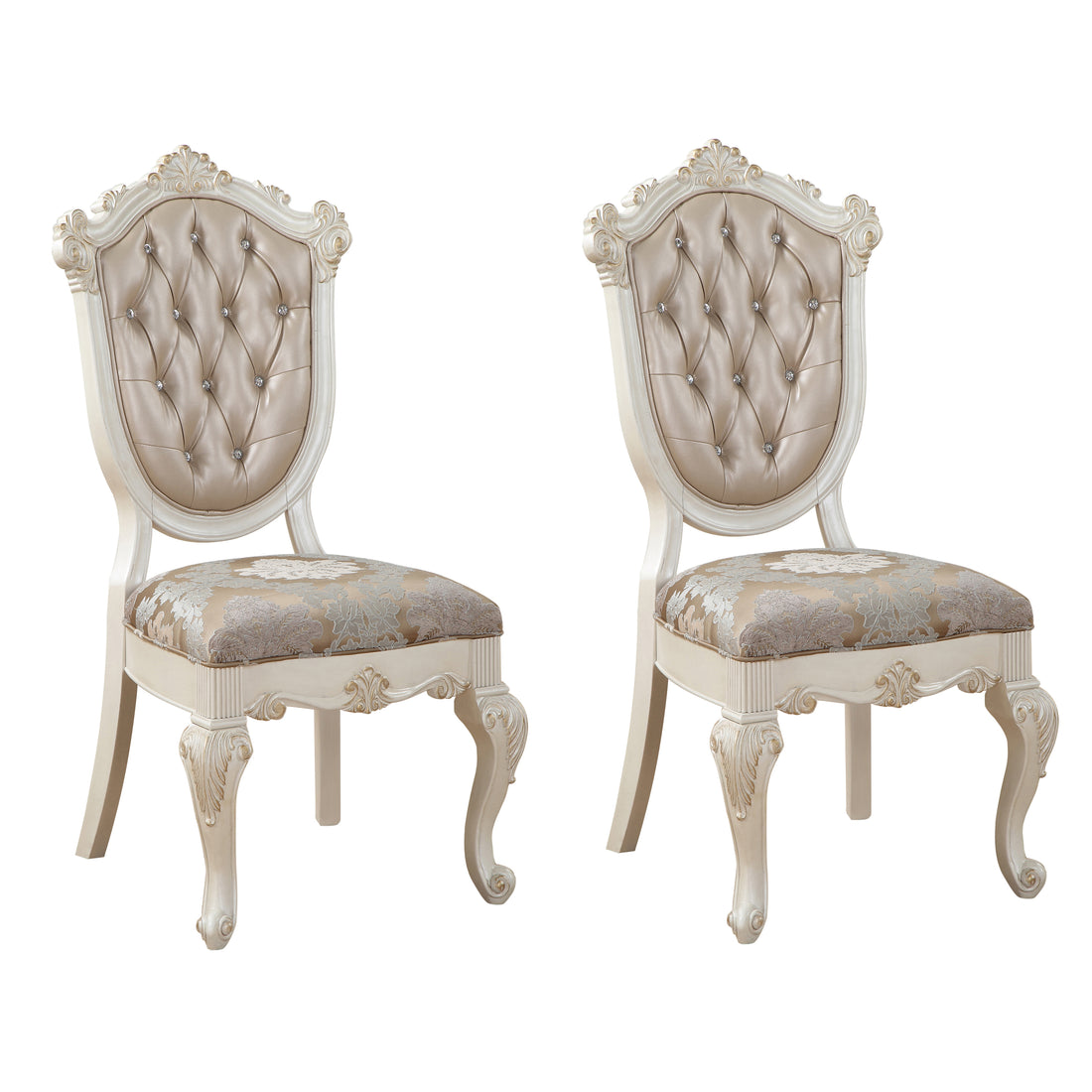 Rose Gold And Pearl White Tufted Back Side Chairs Set Of 2 Gold White Dining Room Luxury Poplar Set Of 2 Wood Fabric