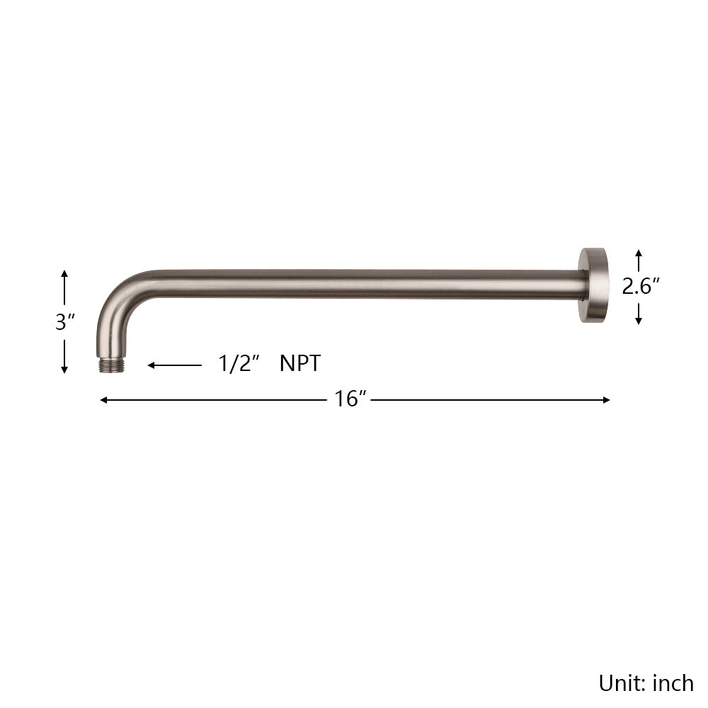 16" Shower Arm With Flange, Brushed Nickel Brushed Nickel Stainless Steel