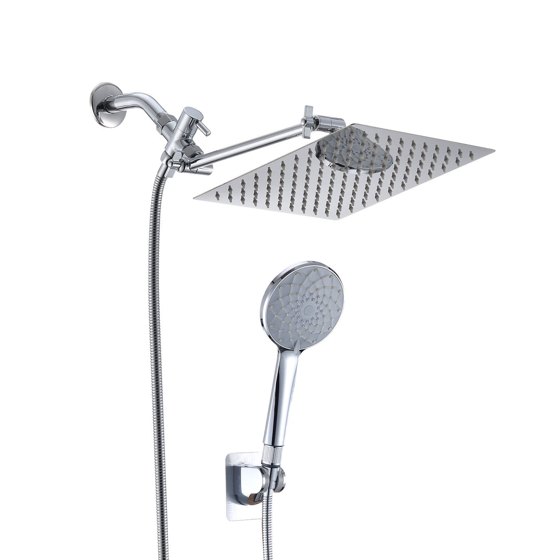 10" Chrome Rainfall Shower Head And Handheld Combo With 11" Extension Arm, 6 Spray Modes Chrome Stainless Steel