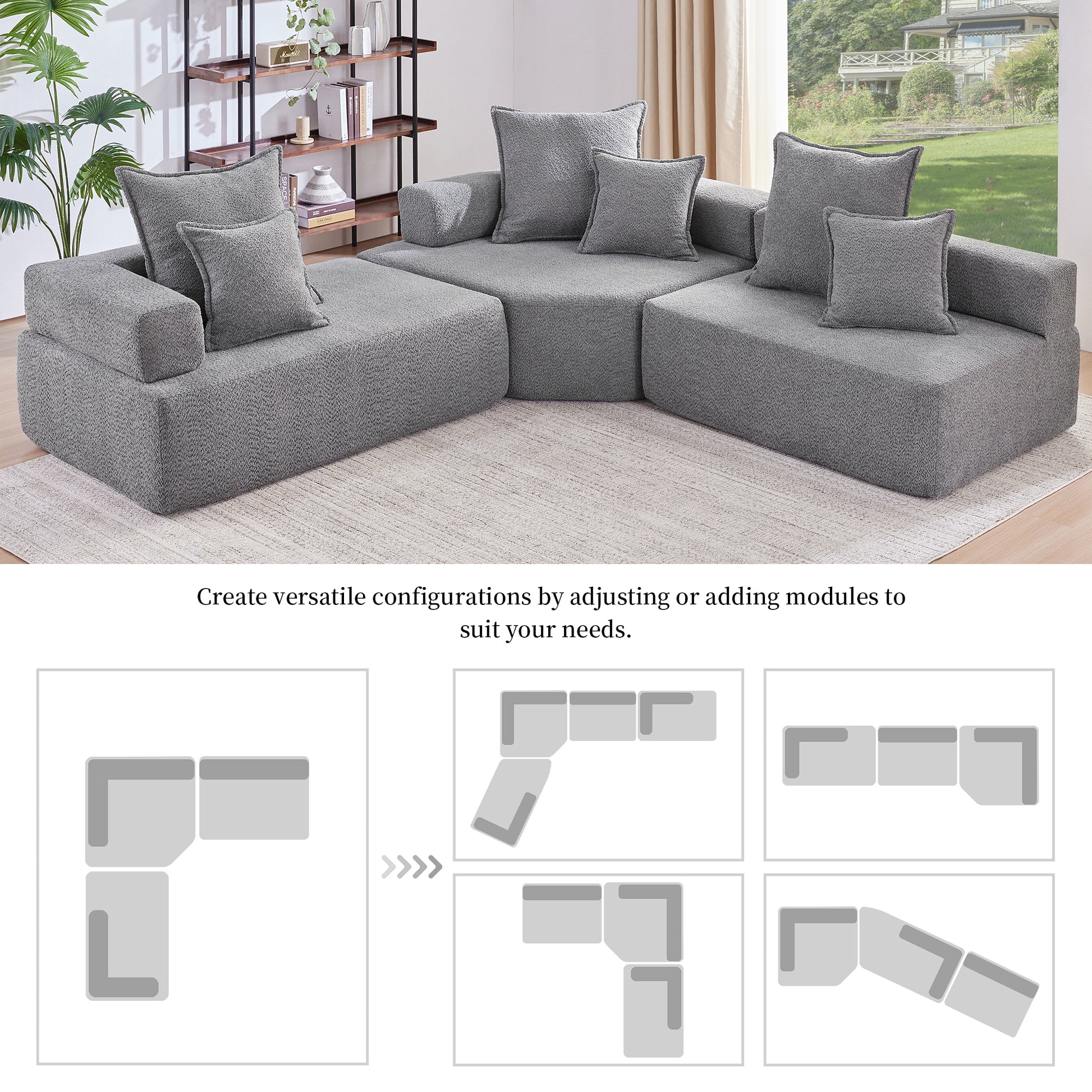 Oversized Modular L Shaped Sectional Sofa,Luxury Boucle Floor Couch Set,Convertible Sleeper Couch,Spacious Foam Filled Sofa Bed For Living Room,3 Pc Free Combination,2 Colors Gray Boucle 5 Seat