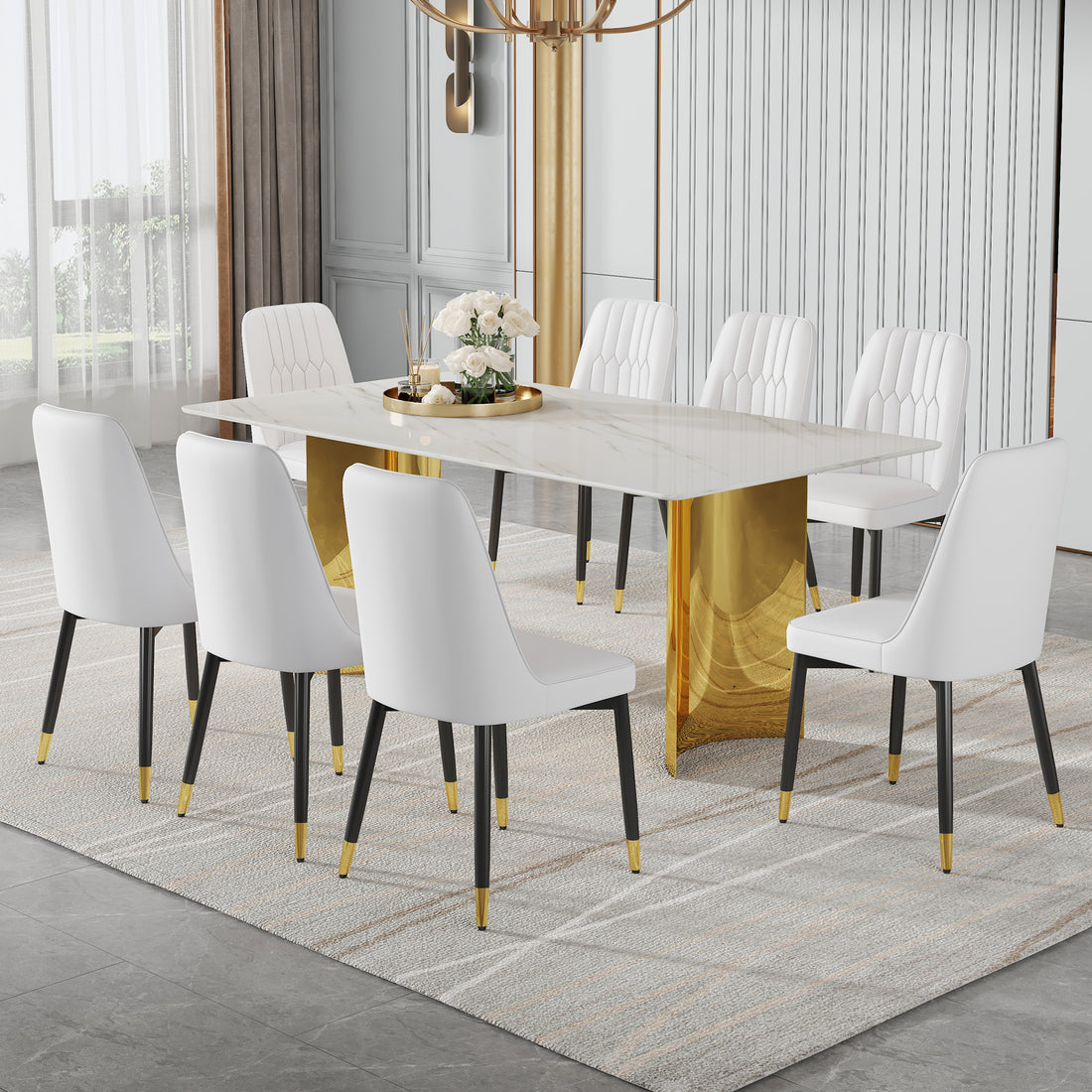 Table And Chair Set.The Table Has A Glass Top With Imitation Marble Pattern Stickers And Stainless Steel Golden Legs. Paried With Chairs With Pu Artificial Leather Backrest Cushions And Black Legs. White Gold Seats 8 Glass Metal