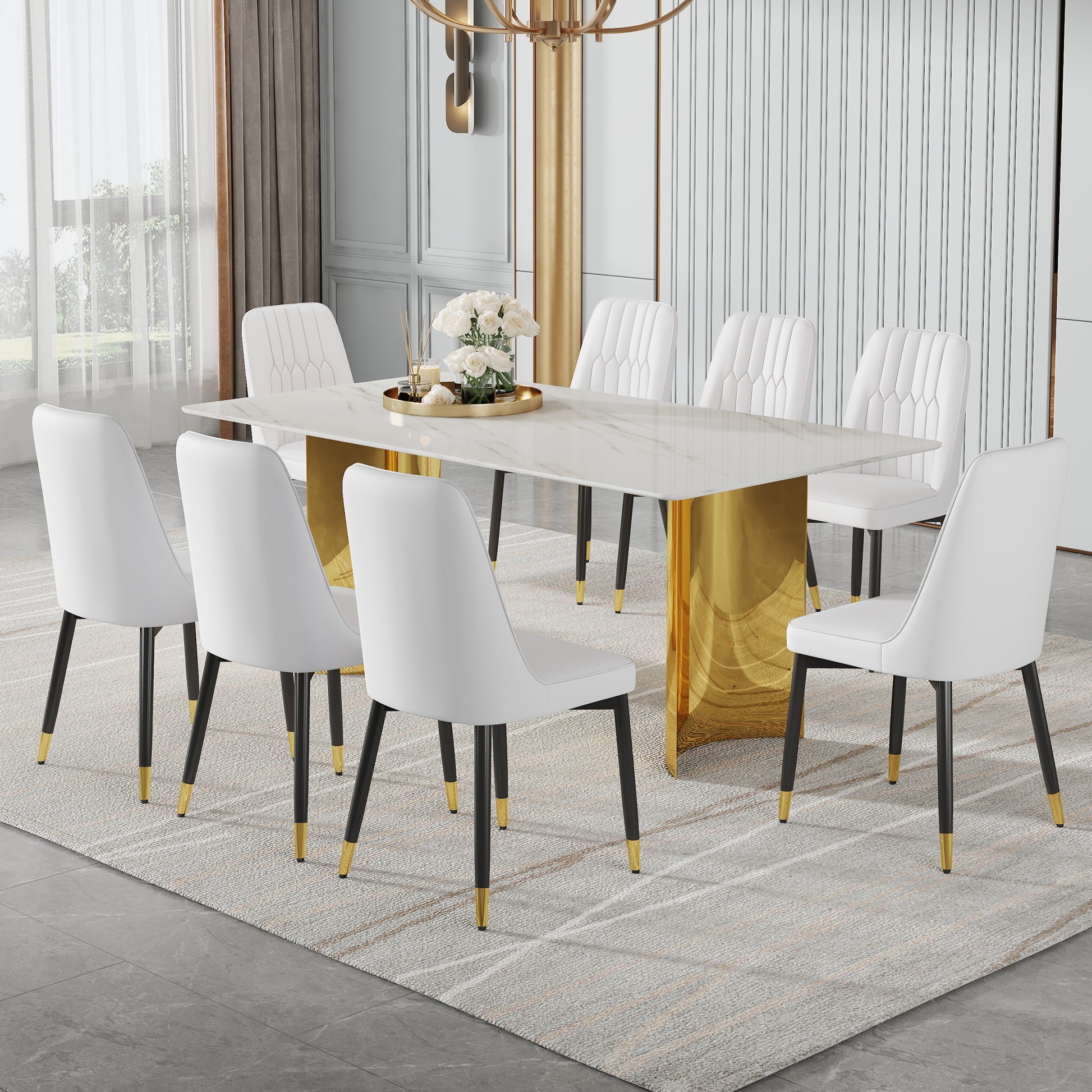 Table And Chair Set.The Table Has A Glass Top With Imitation Marble Pattern Stickers And Stainless Steel Golden Legs. Paried With Chairs With Pu Artificial Leather Backrest Cushions And Black Legs. White Gold Seats 8 Glass Metal