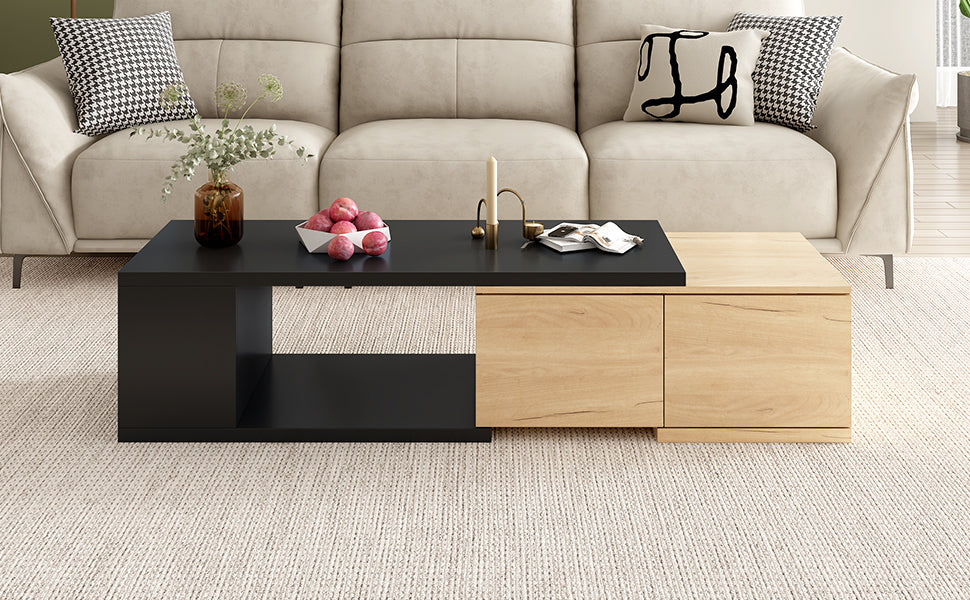 47.2'' 57''W Extendable Coffee Table With 2 Storage Drawers, Dual Tone Wood Center Table With Extendable Sliding Tabletop, Multi Functional Hidden Storage Sofa Table For Living Room, Black Black Primary Living Space Drawers Rectangular Particle Board Mdf